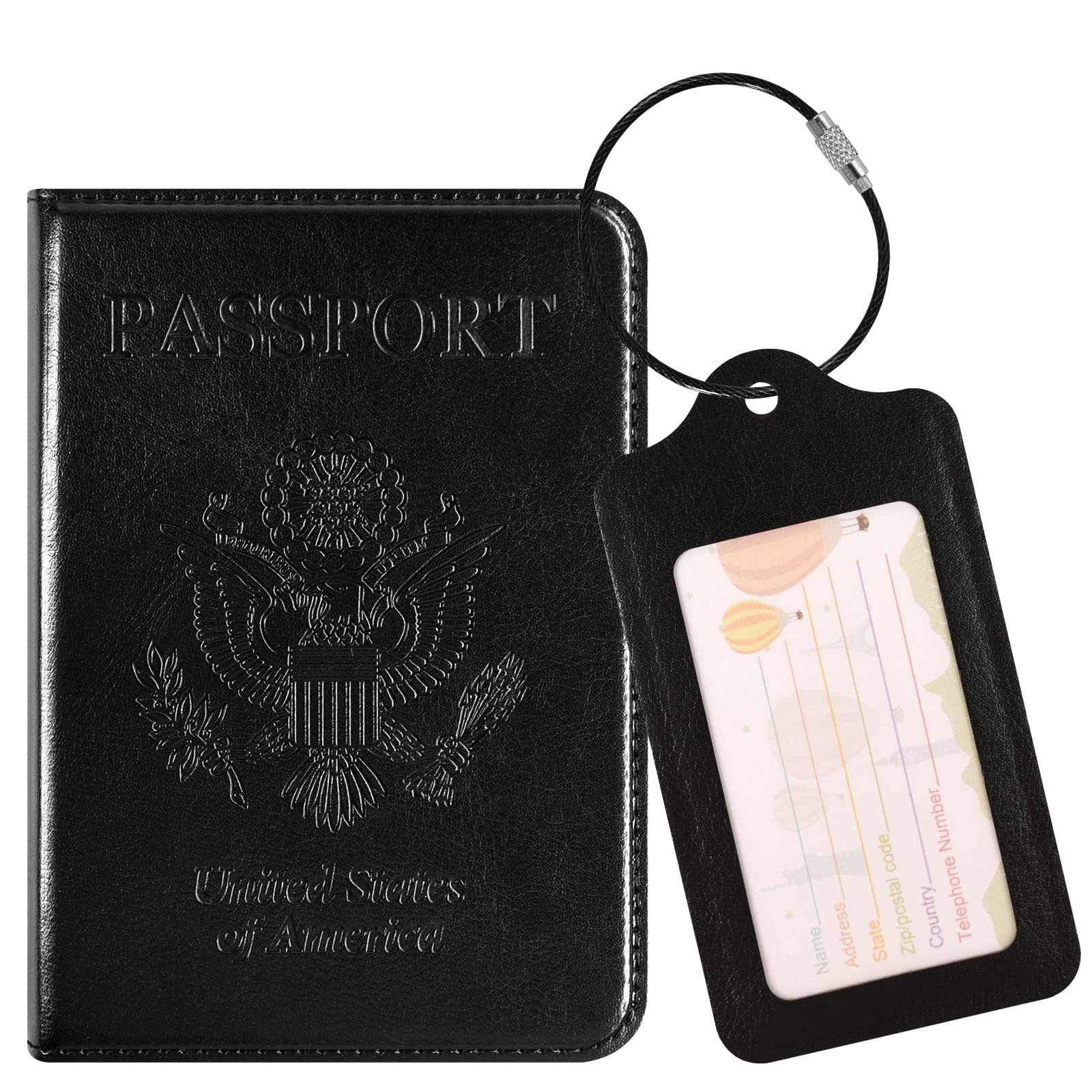Premium Leather Passport & Vaccine Card Holder with Luggage Tag - Travel Document Organizer for Vaccination Records, ID Protection - Perfect for Airports, Cruises & International Travel (Black)