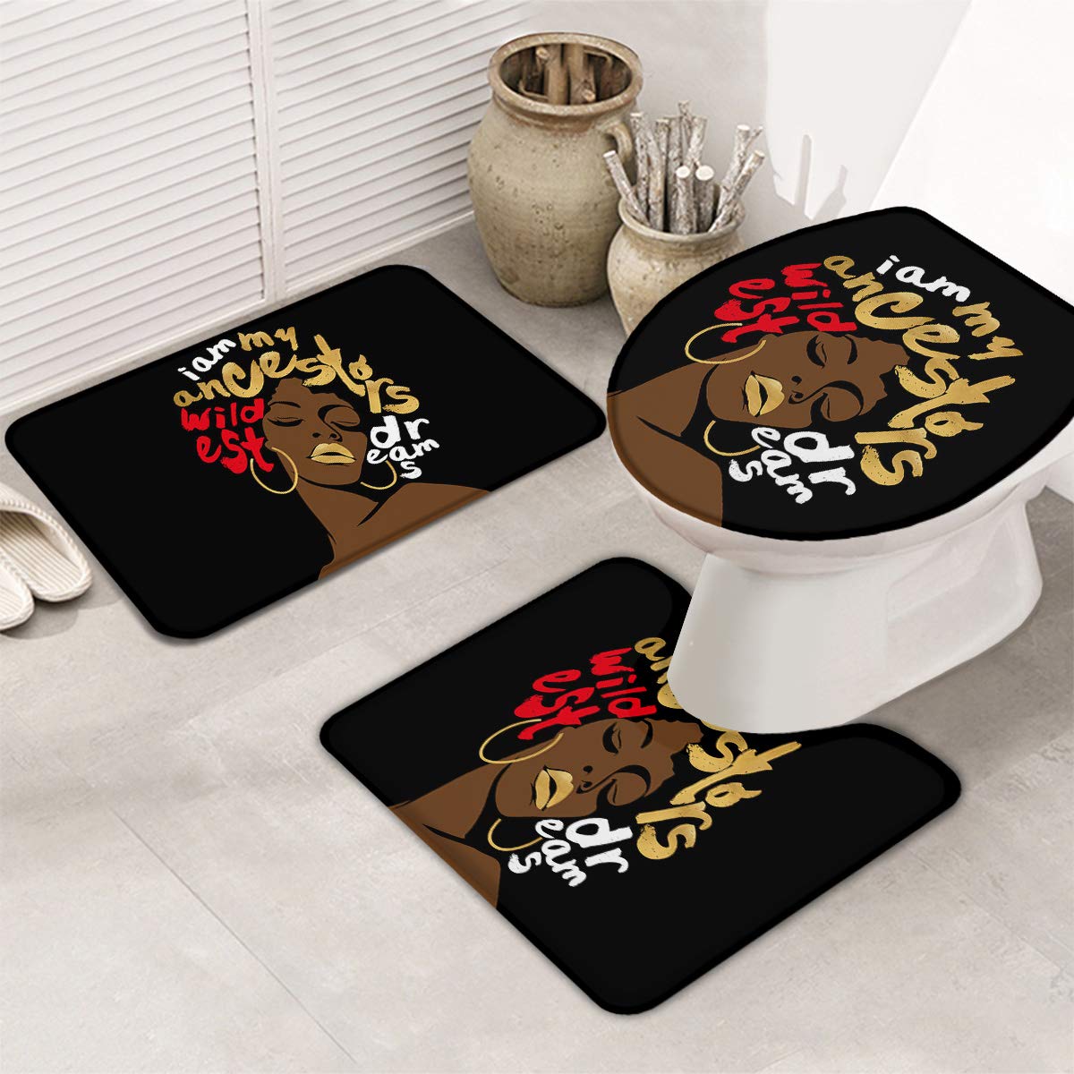 3-Piece Bathroom Rug Set - Non-Slip African Girl Design with U-Shaped Toilet Mat & Lid Cover | Absorbent, Washable Bath Mats for Home | Perfect for Modern Bathrooms, Guest Suites & Apartment Decor