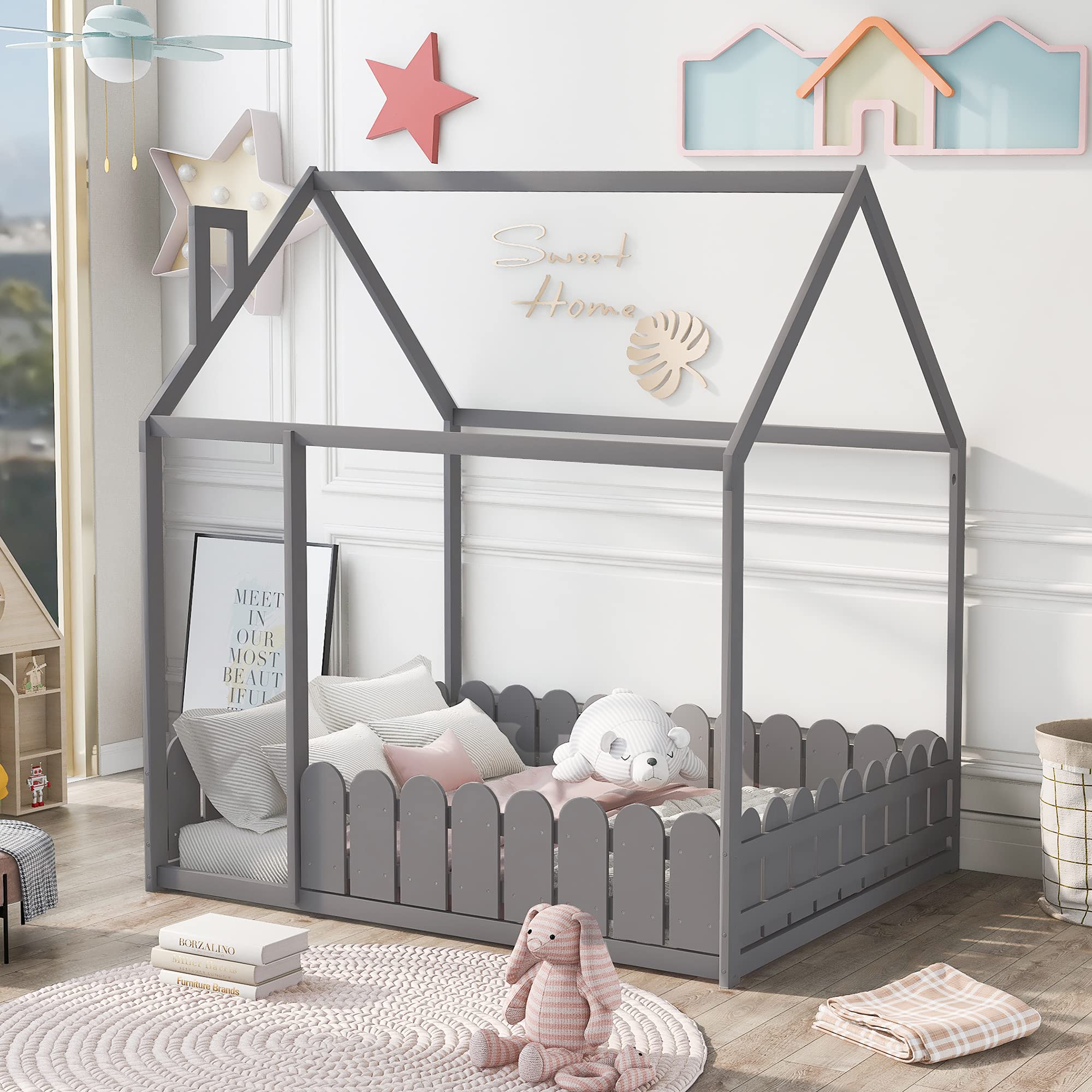 MERITLINE Full Size House Bed Frame with Roof - Playhouse Bed for Kids, Girls & Boys, Grey (Box Spring Required) - Perfect for Bedrooms, Playrooms & Themed Kids' Spaces