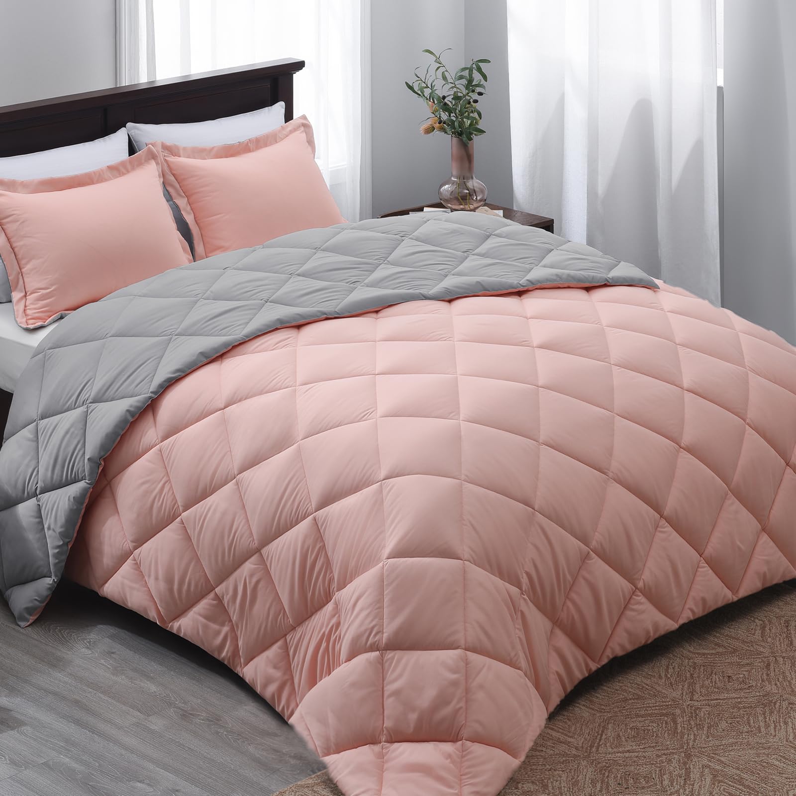 Basic Beyond King Size Comforter Set - Reversible Pink & Grey All-Season Bedding (104x92 inches) with 2 Pillow Shams (20x36+2 inches) | Ultra Soft King Comforter for Master Bedroom, Guest Room & Cozy Home Decor