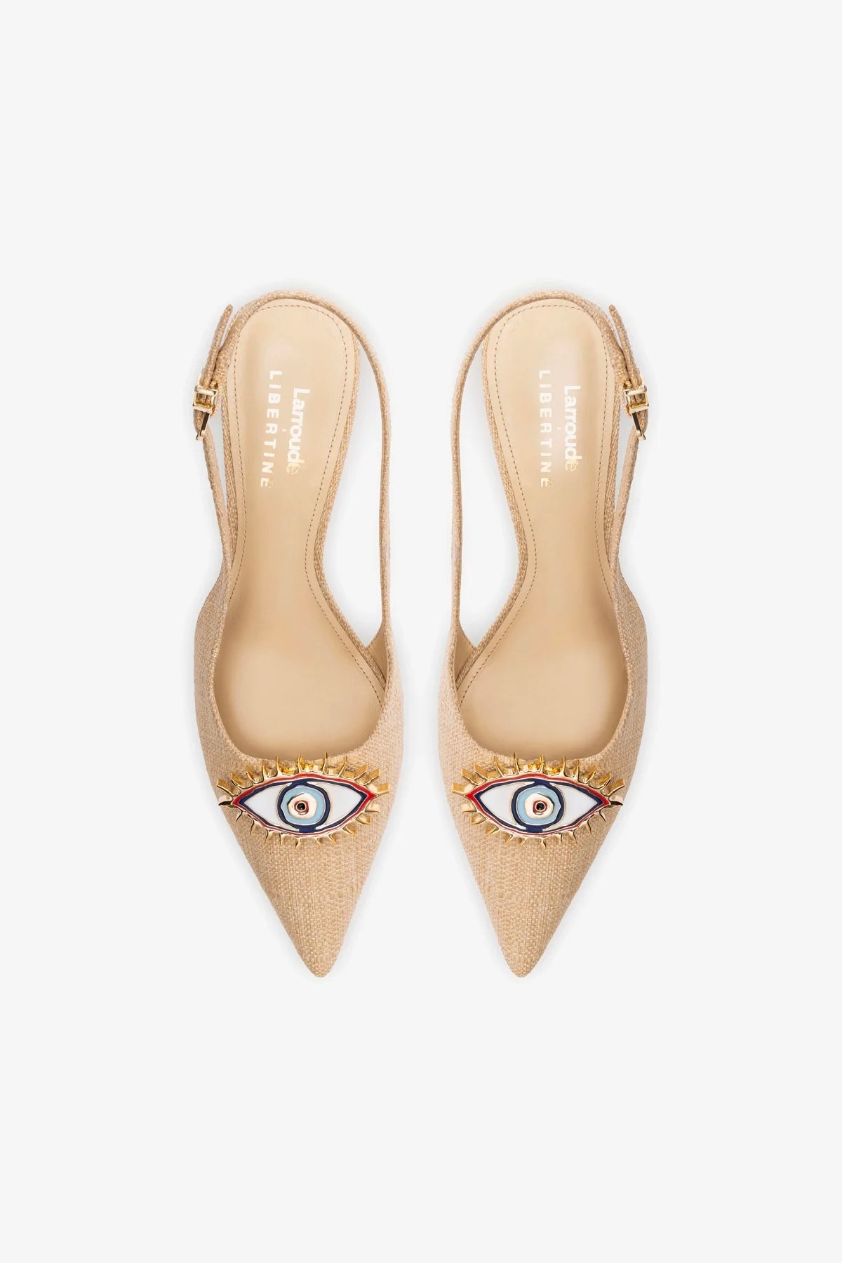 Larroudé x Libertine Beige Raffia Eye Pump Lo - Stylish Women's Low Heel Sandals for Summer, Beach & Casual Outings