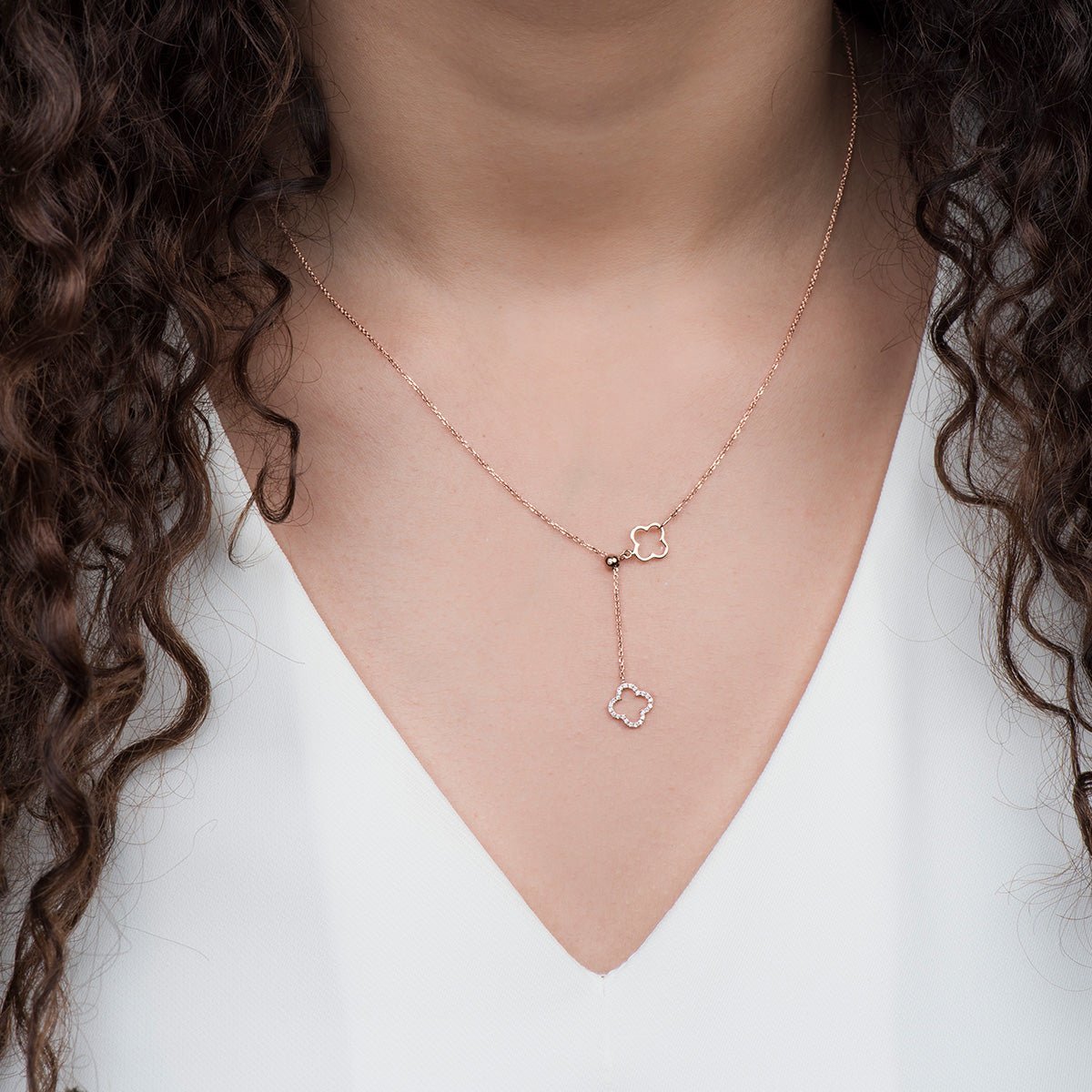 14K Rose Gold Diamond Clover Lariat Bolo Necklace - Elegant Adjustable Chain for Women | Perfect for Weddings, Date Nights & Special Occasions