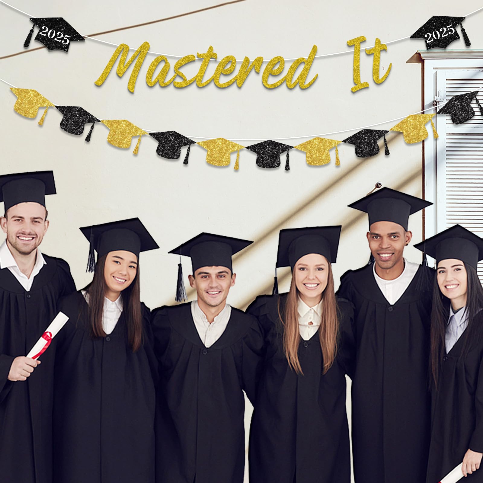 2025 Graduation Banner - Black & Gold Master Degree Decor, Graduation Cap Banner for Class of 2025, Congrats Grad Party Supplies | Perfect for Graduation Ceremony Decorations, Graduation Party Backdrops & Photo Booth Props