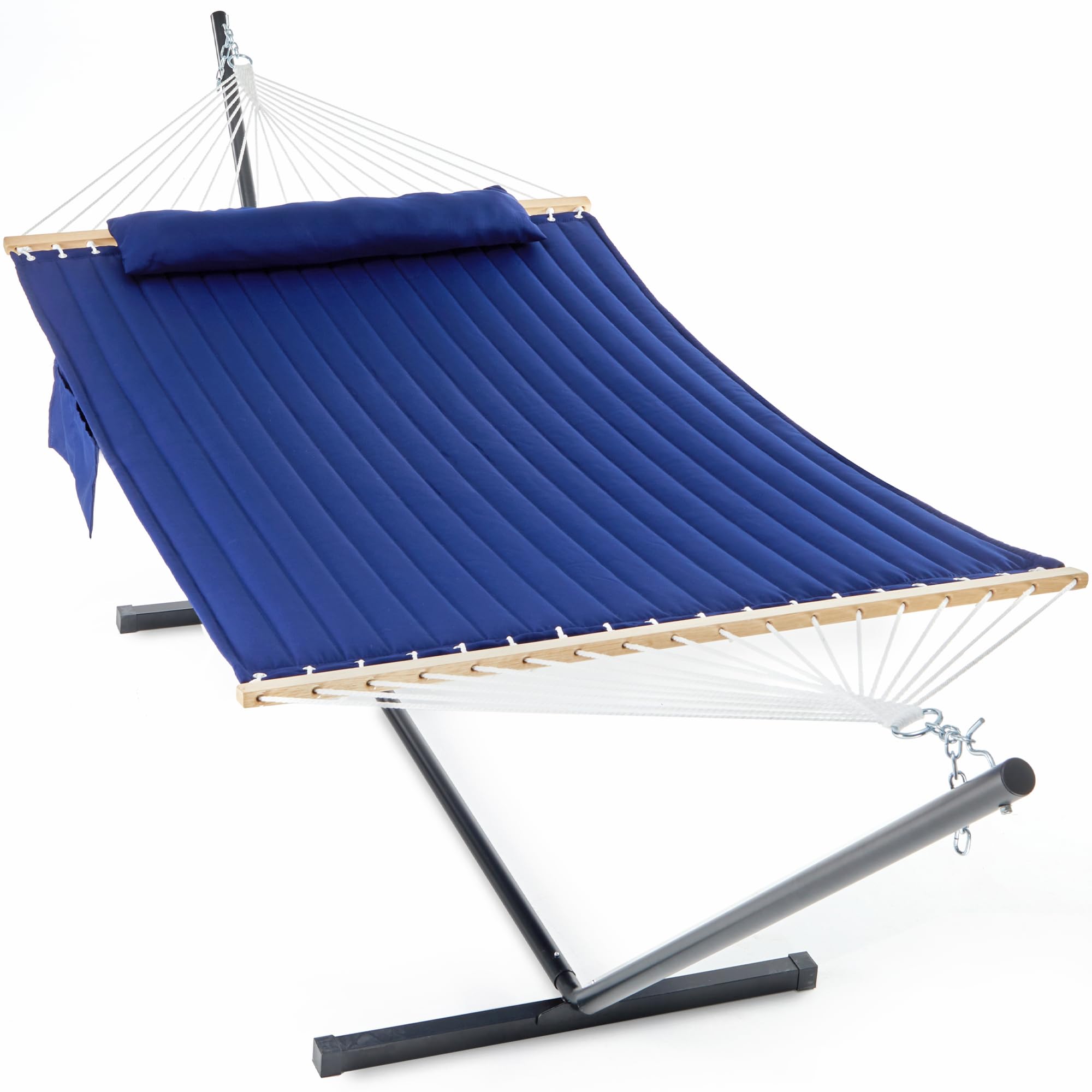 2 Person Heavy Duty Hammock with Steel Stand - 55 Inch Double Hammock for Outdoor, Backyard, Camping - Includes Removable Pillow & Storage Bag - Supports Up to 475 lbs (Navy Blue) - Perfect for Relaxing in Garden, Patio or Beach