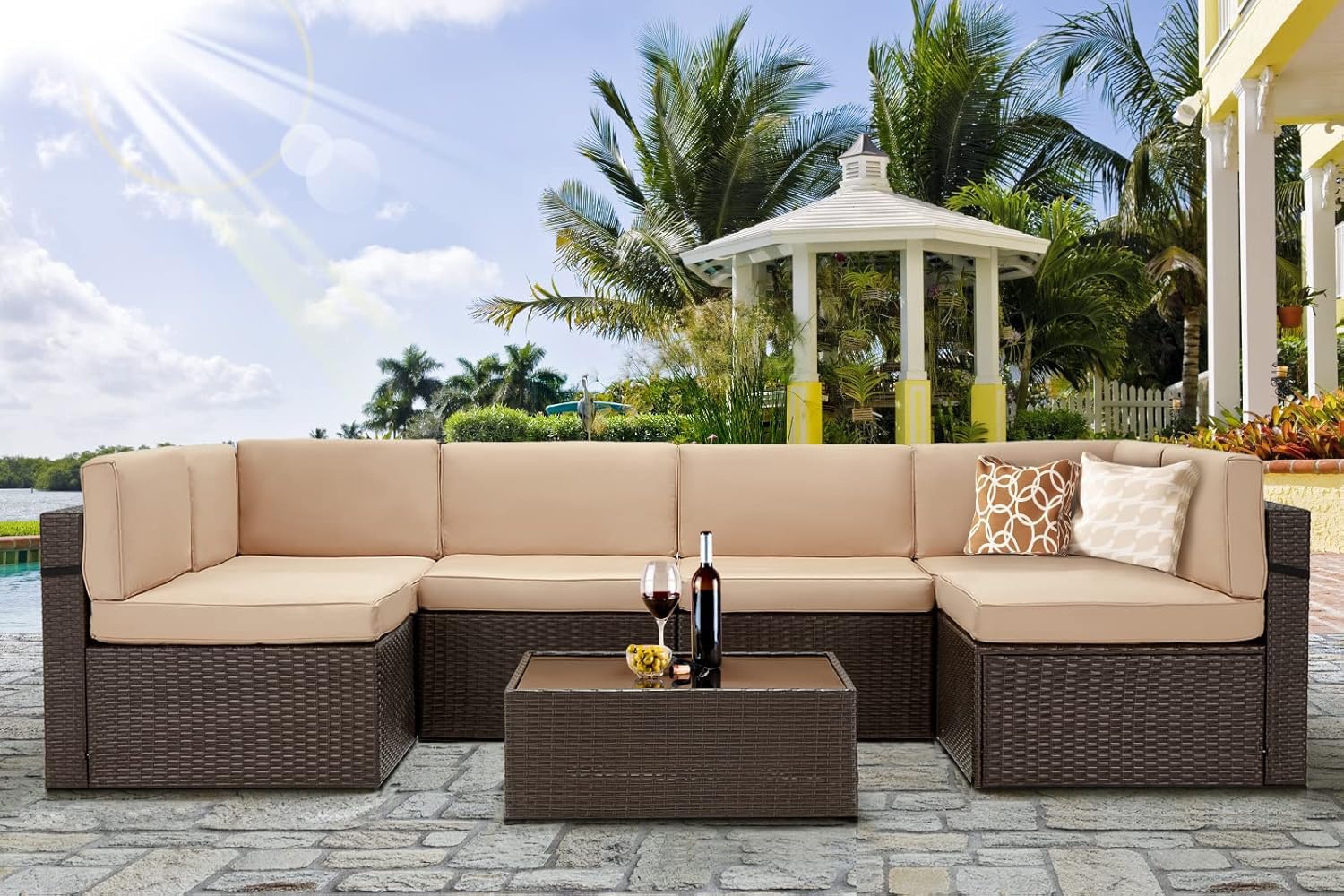 AECOJOY 7-Piece Outdoor Patio Furniture Set with Coffee Table - PE Rattan Sectional Sofa & Khaki Cushions for Garden, Backyard, Poolside - Durable Weather-Resistant Conversation Set for Relaxing & Entertaining Outdoors