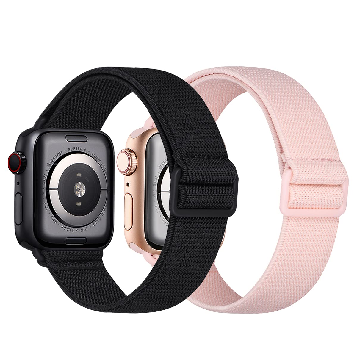 2 Pack Sport Elastic Nylon Apple Watch Bands 44mm 42mm - Adjustable Lightweight Breathable Stretch Strap for iWatch Series 6/5/4/3/2/1/SE - Perfect for Running, Gym Workouts & Daily Wear (Black/Pink Sand)