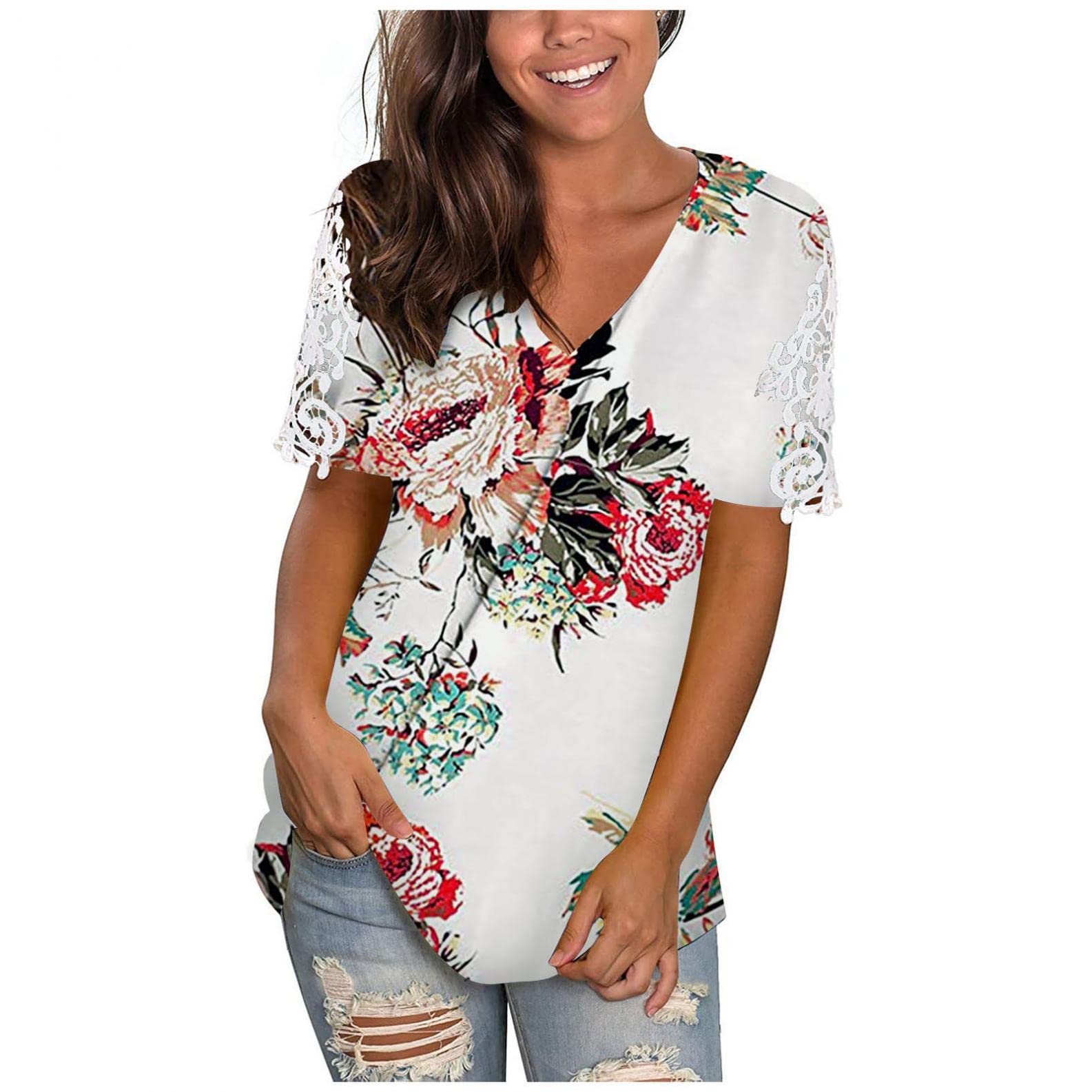 FABIURT Women's Summer Short Sleeve V-Neck Tunic Blouse - Loose Fit Casual Tops for Work, Beach & Everyday Wear | Trendy Comfortable T-Shirt Style