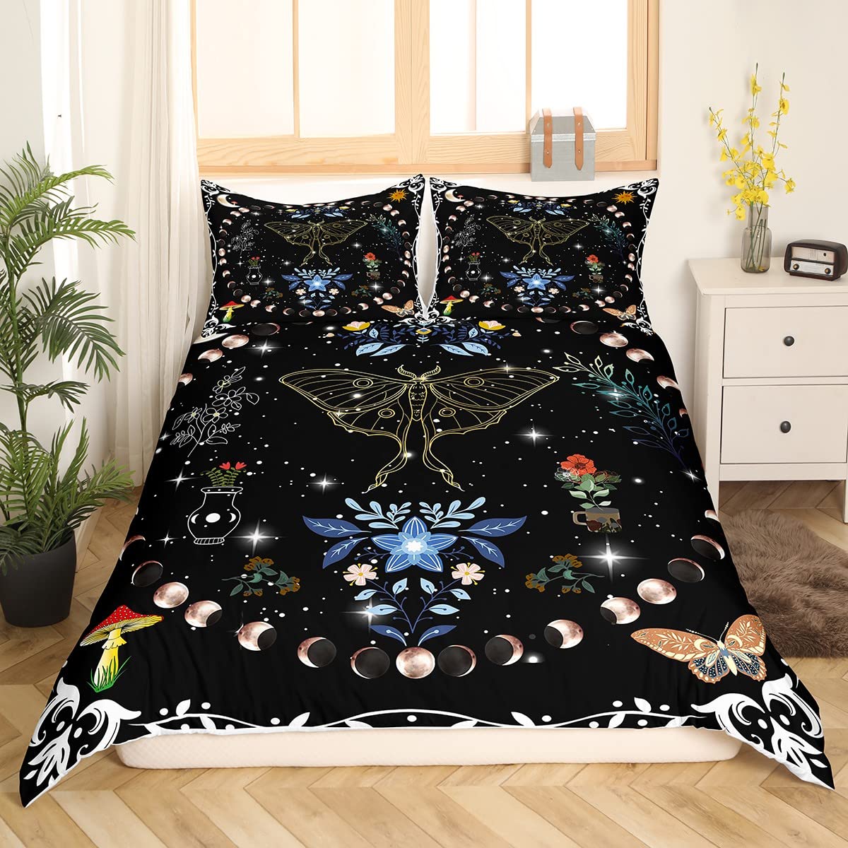 Trippy Moon Phase Duvet Cover Twin Size - Gothic Moth Butterfly Mushroom Bedding Set with Galaxy Glitter Stars & 1 Pillowcase - Perfect for Kids, Teens & Boho Bedrooms (Zipper Closure & Ties)