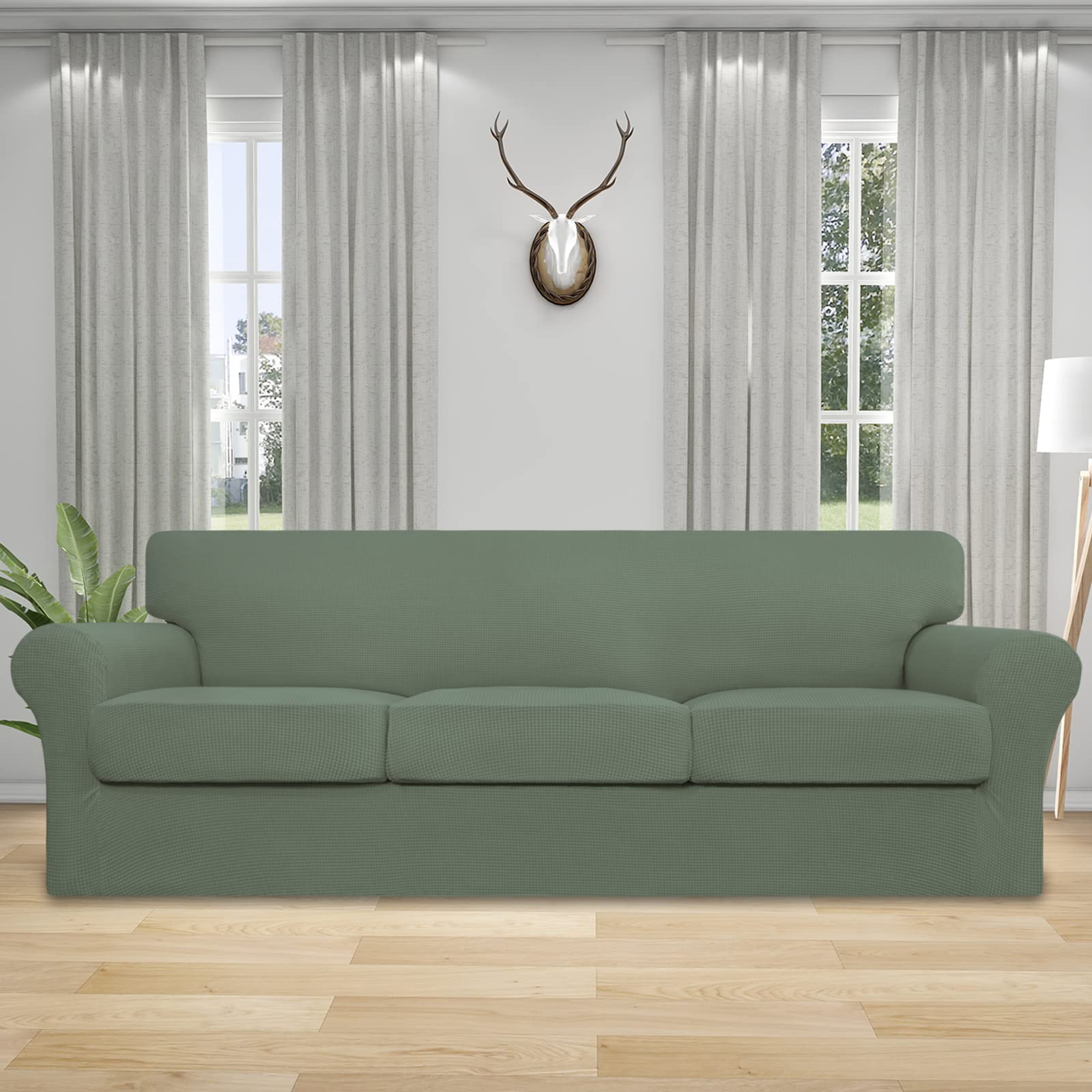 4-Piece Stretch Couch Cover for Oversized Sofas - Washable Elastic Slipcover Fits 3-Cushion Couches | Pet & Kid-Friendly Furniture Protector (Grey-Green) - Perfect for Homes with Dogs, Cats or Children