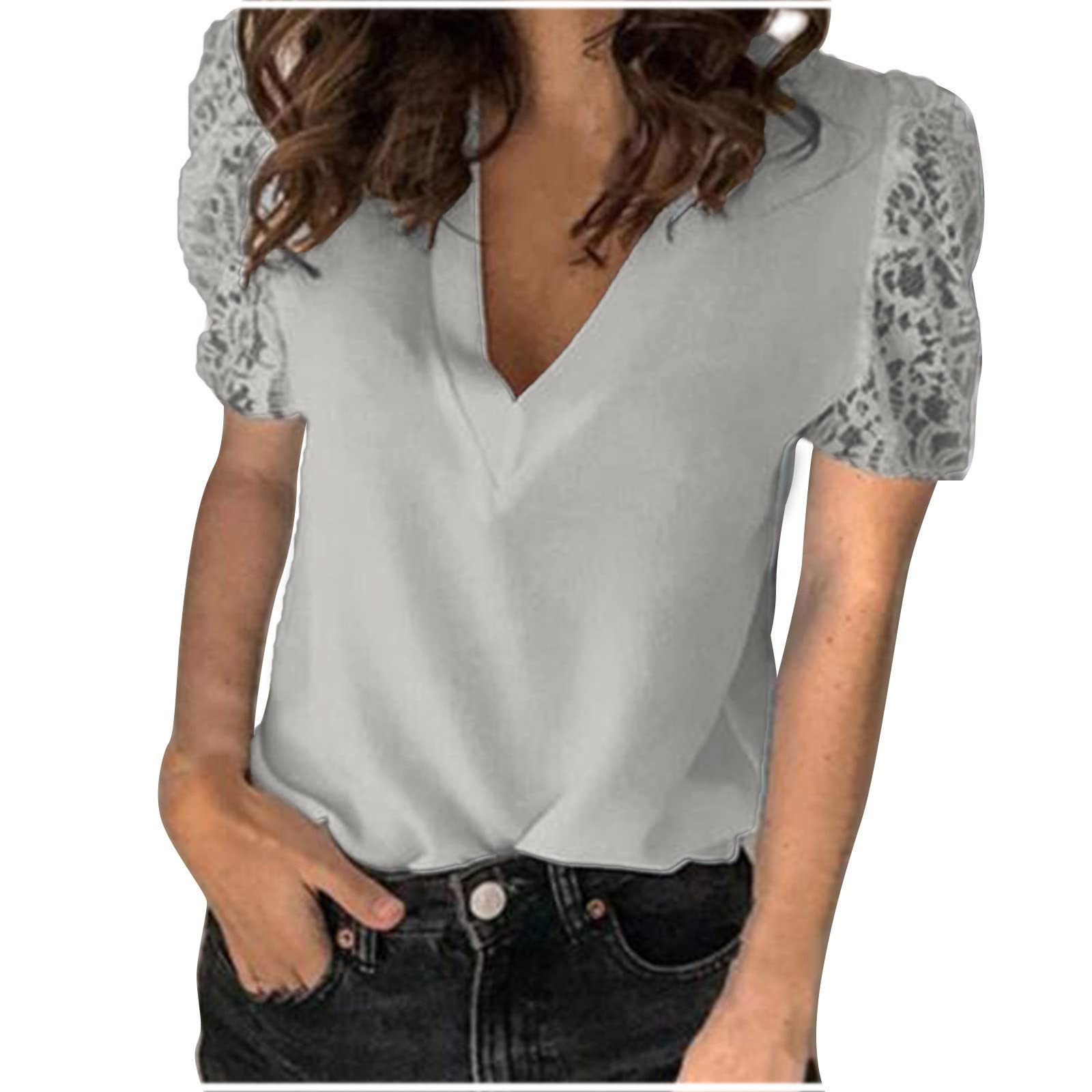 Women's V Neck Lace Blouse - Casual Loose Short Sleeve T-Shirt | Trendy Solid Summer Top for Work, Date & Vacation