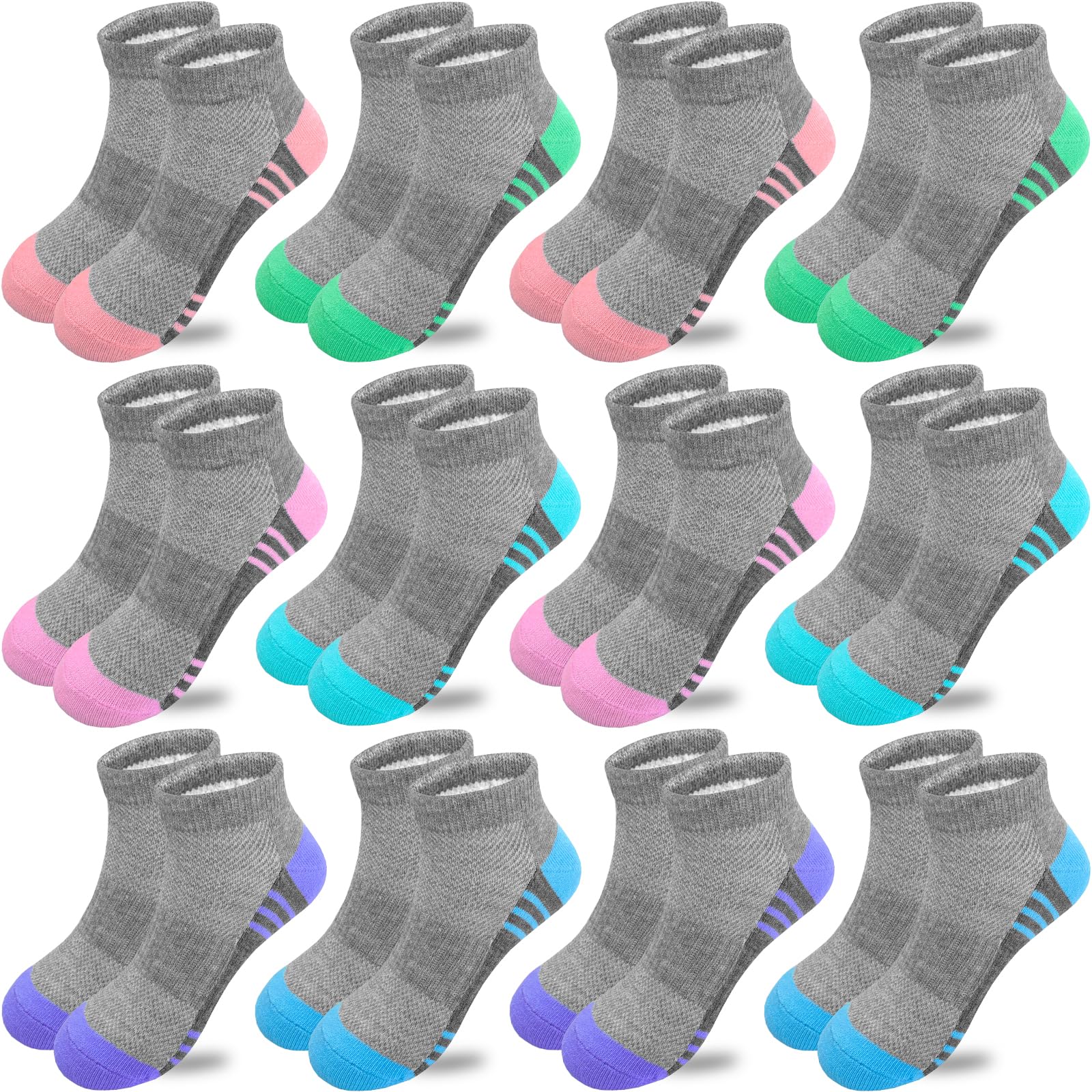 Bemeol 12 Pairs Girls Ankle Socks - Cotton Athletic Sports Socks for Kids - Low Cut Comfortable Socks for School, Running, and Daily Wear