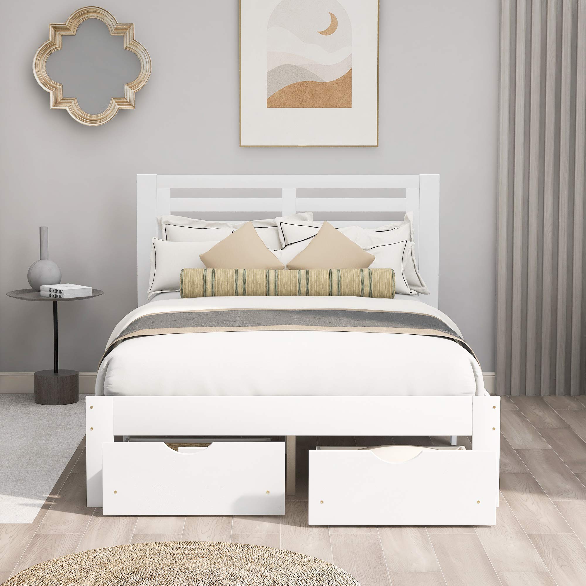 Henf Full Size Platform Bed Frame with 2 Storage Drawers - Solid Wood No Box Spring Needed - Easy Assembly Bed for Kids, Adults, Boys & Girls (White) - Perfect for Small Bedrooms, Guest Rooms & Dormitories