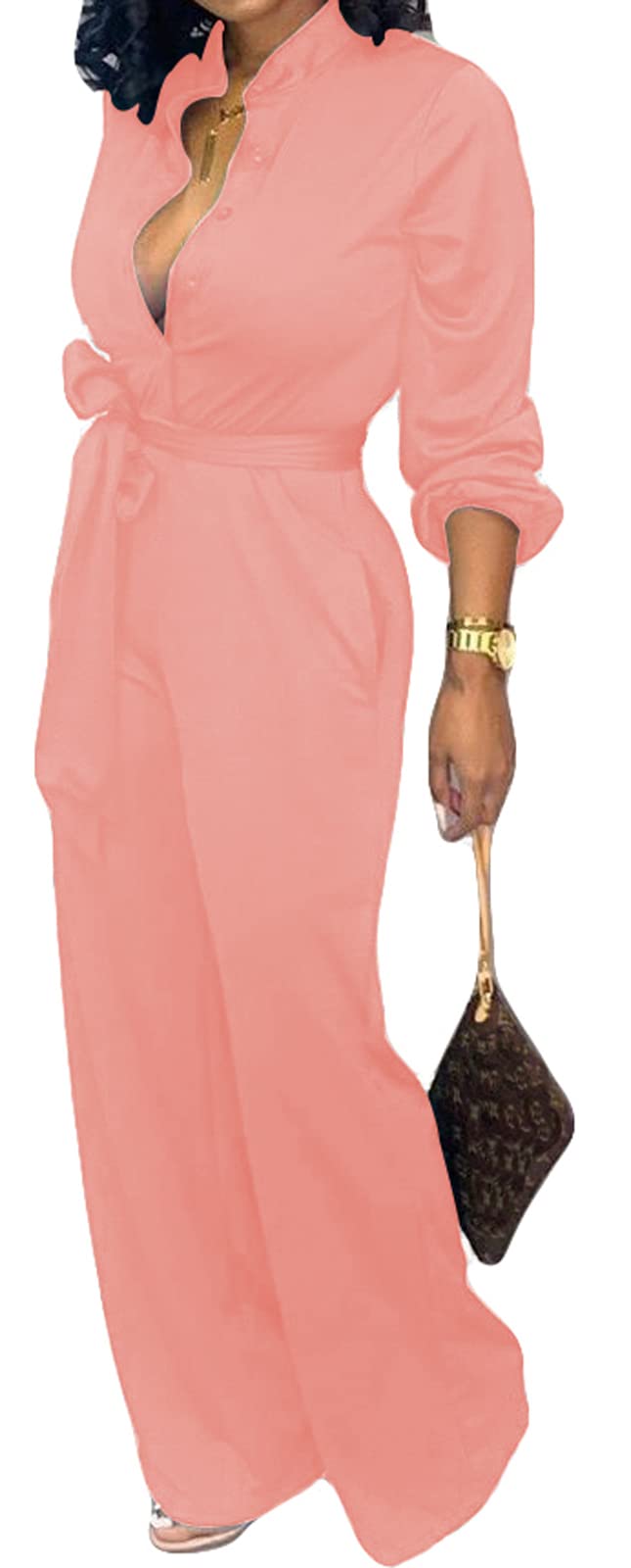 Elegant Women's V-Neck Long Sleeve Jumpsuit with Wide Leg Pants & Belt - Sexy Work Outfit with Pockets for Office, Party & Casual Wear