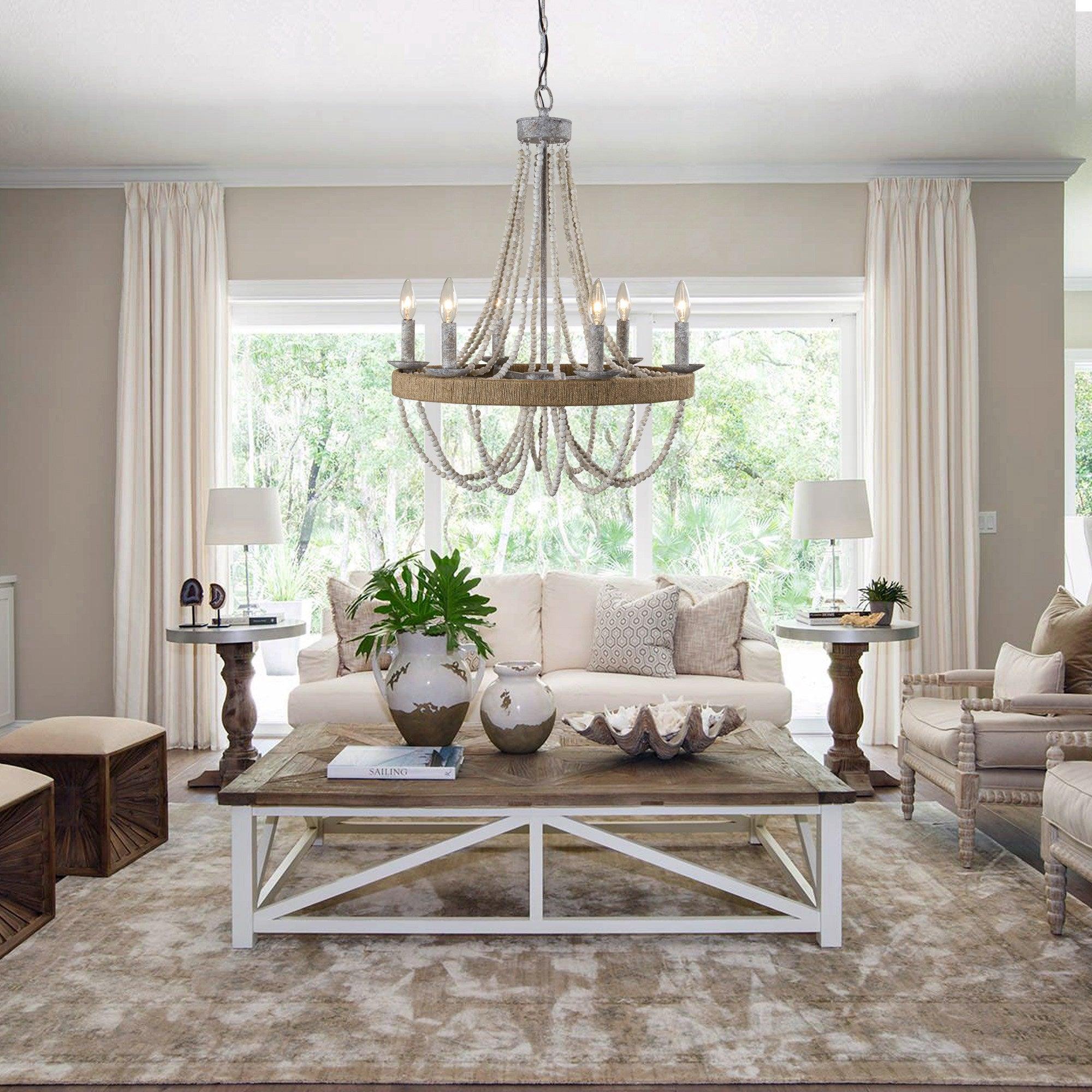 Chokio 6-Light Wood Bead Chandelier - Rustic Farmhouse Ceiling Light Fixture for Dining Room, Bedroom, or Living Room Decor