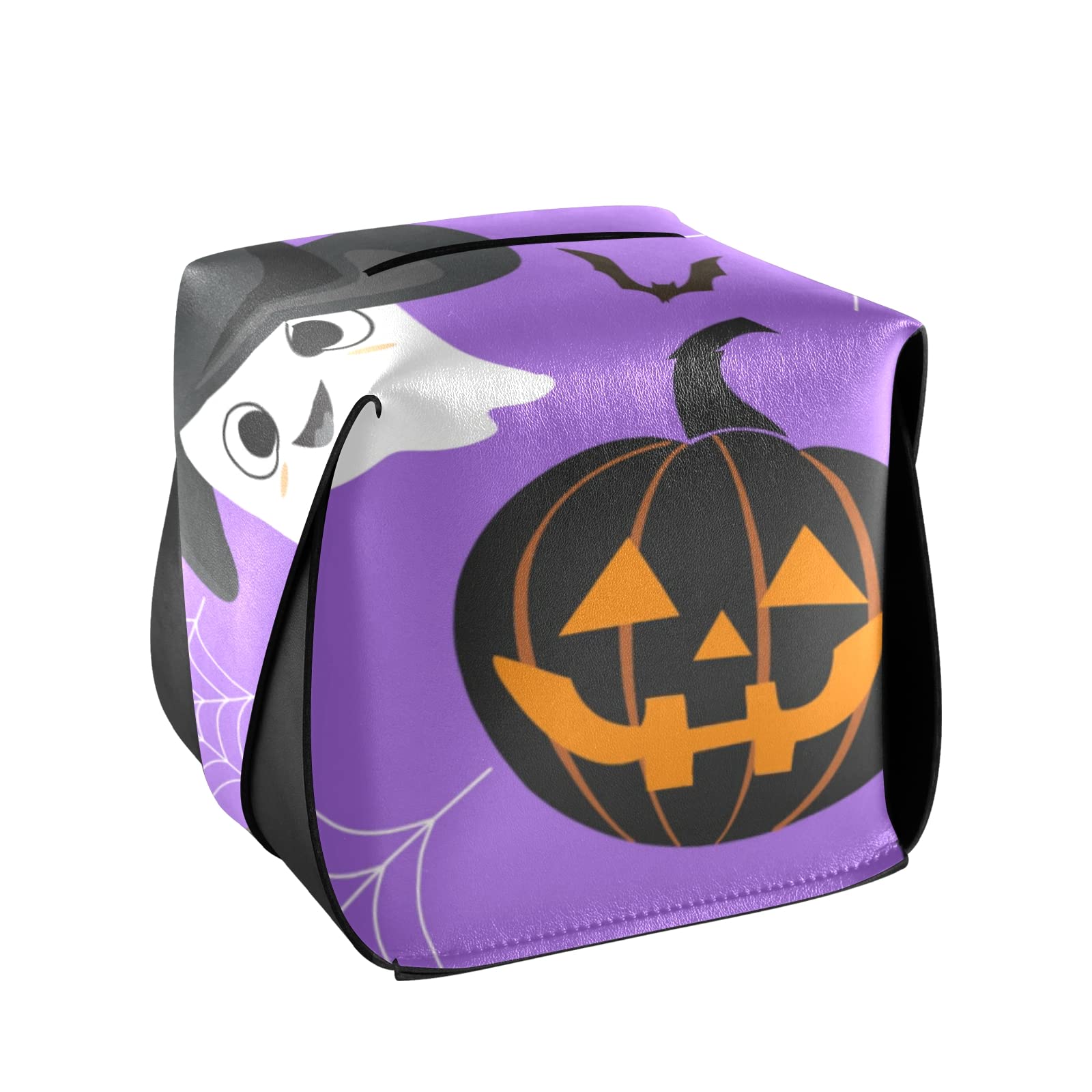 Halloween Tissue Box Cover - Purple Rectangle Leather with Pumpkins, Bats, Spider Web & White Ghosts - 9.4x5.1x3.6 Inch - Perfect for Bathroom, Home, Nightstand, Vanity, Office Desk & Car Decor