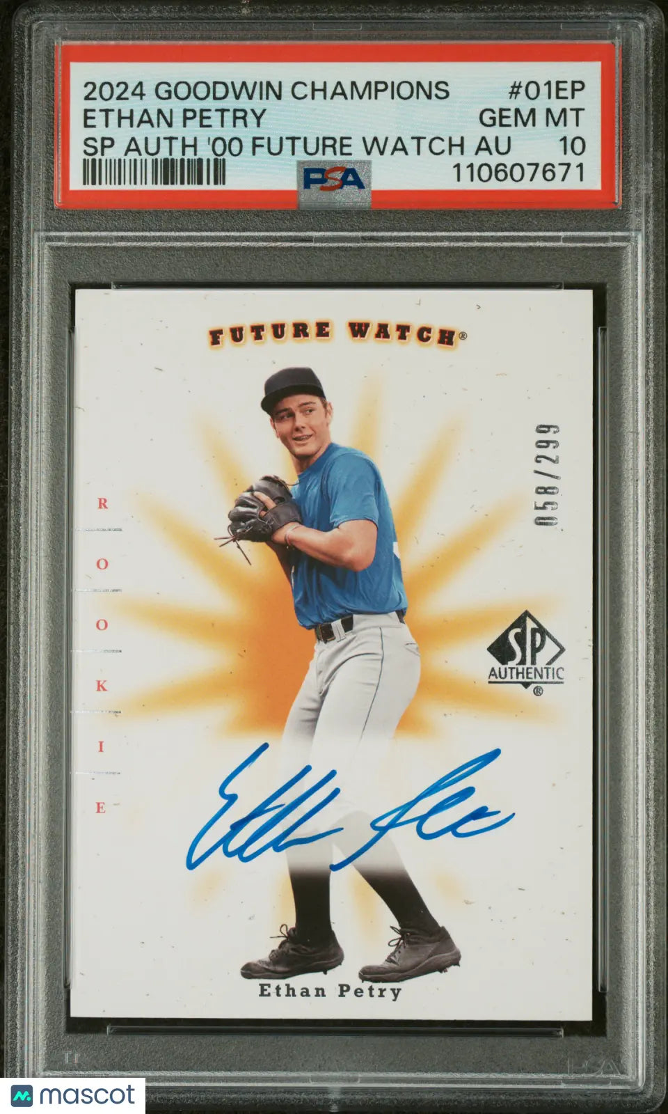 2024 UD Goodwin Champions SP Authentic Future Watch Auto Ethan Petry PSA 10 /299 - Rare Baseball Trading Card for Collectors & Investors - Perfect for Sports Memorabilia Displays & Card Shows