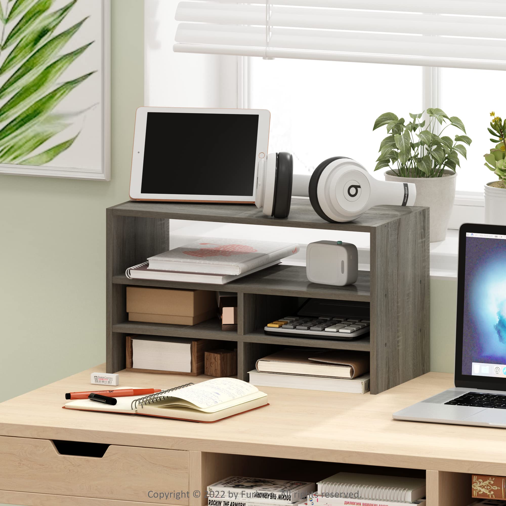 Furinno Hermite Desktop Organizer Shelf Bookcase - French Oak Finish | Compact Storage for Office, Study, or Home Workspace | Perfect for Books, Files, and Supplies