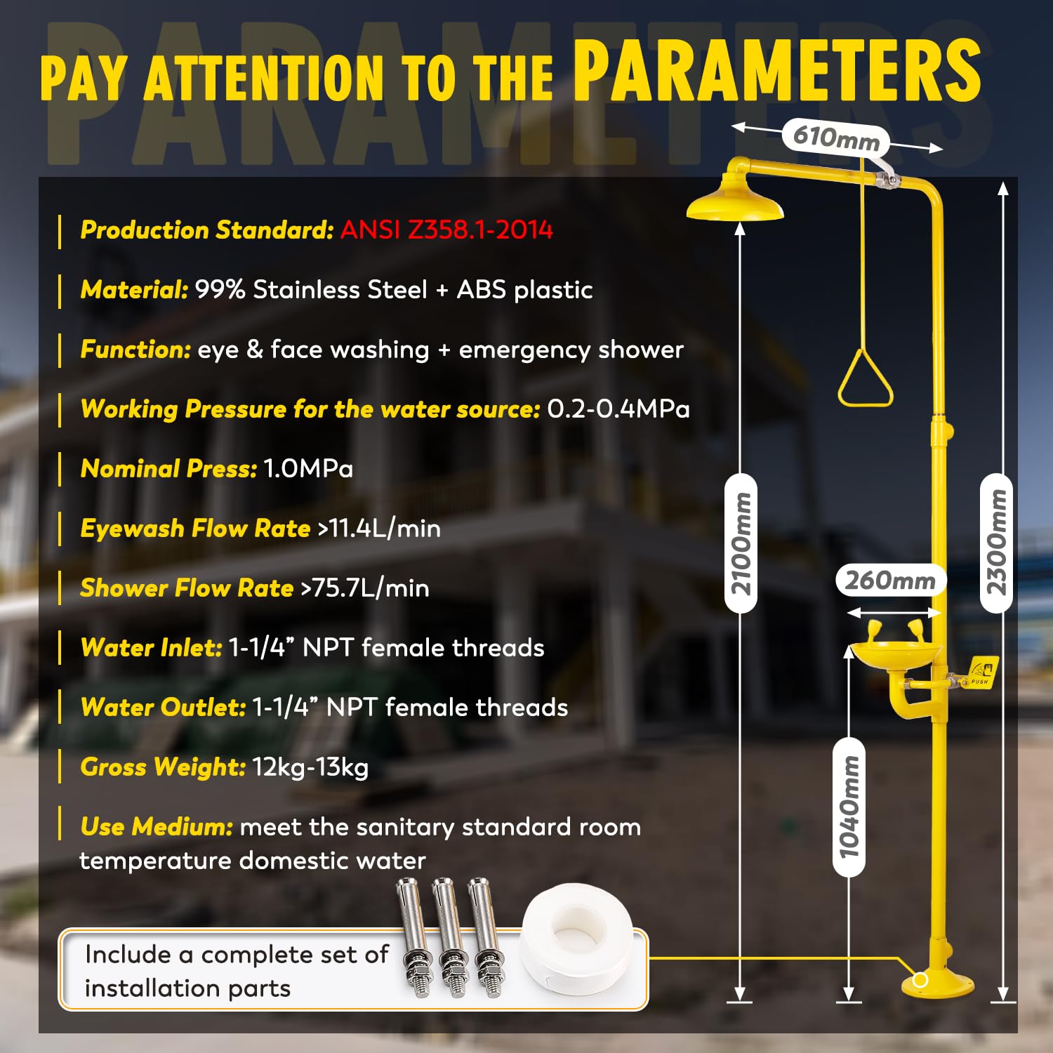 CGOLDENWALL Emergency Shower & Eye Wash Station Combo - 304 Stainless Steel with Yellow Coating, NPT Thread & Safety Sign - Ideal for Laboratories, Factories & Chemical Plants