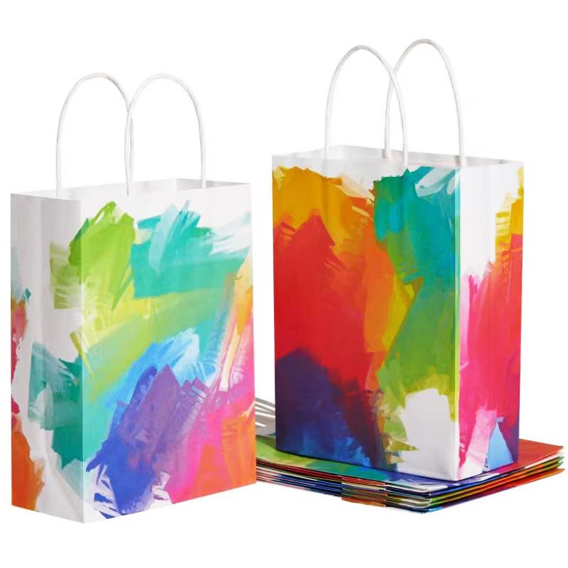 24 Pack Small Party Favor Bags with Handles - Colorful Watercolor Design Goodie Bags for Birthday Parties, Baby Showers & Wedding Favors - Perfect for Candy, Gifts & Treats