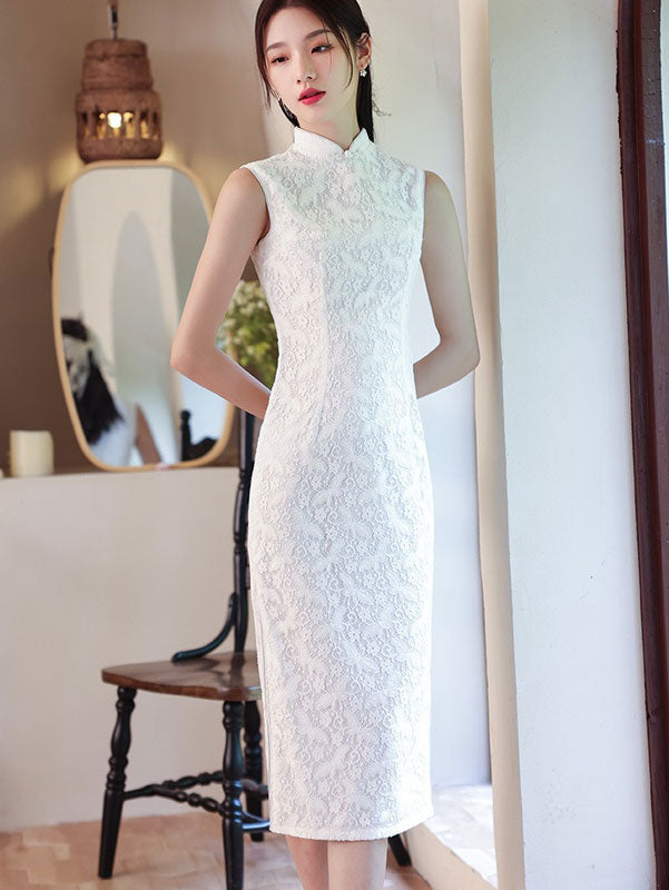 2023 Elegant White Lace Cheongsam Qipao Dress with Matching Shawl - Vintage Chinese Style Evening Gown for Wedding, Party & Special Occasions
