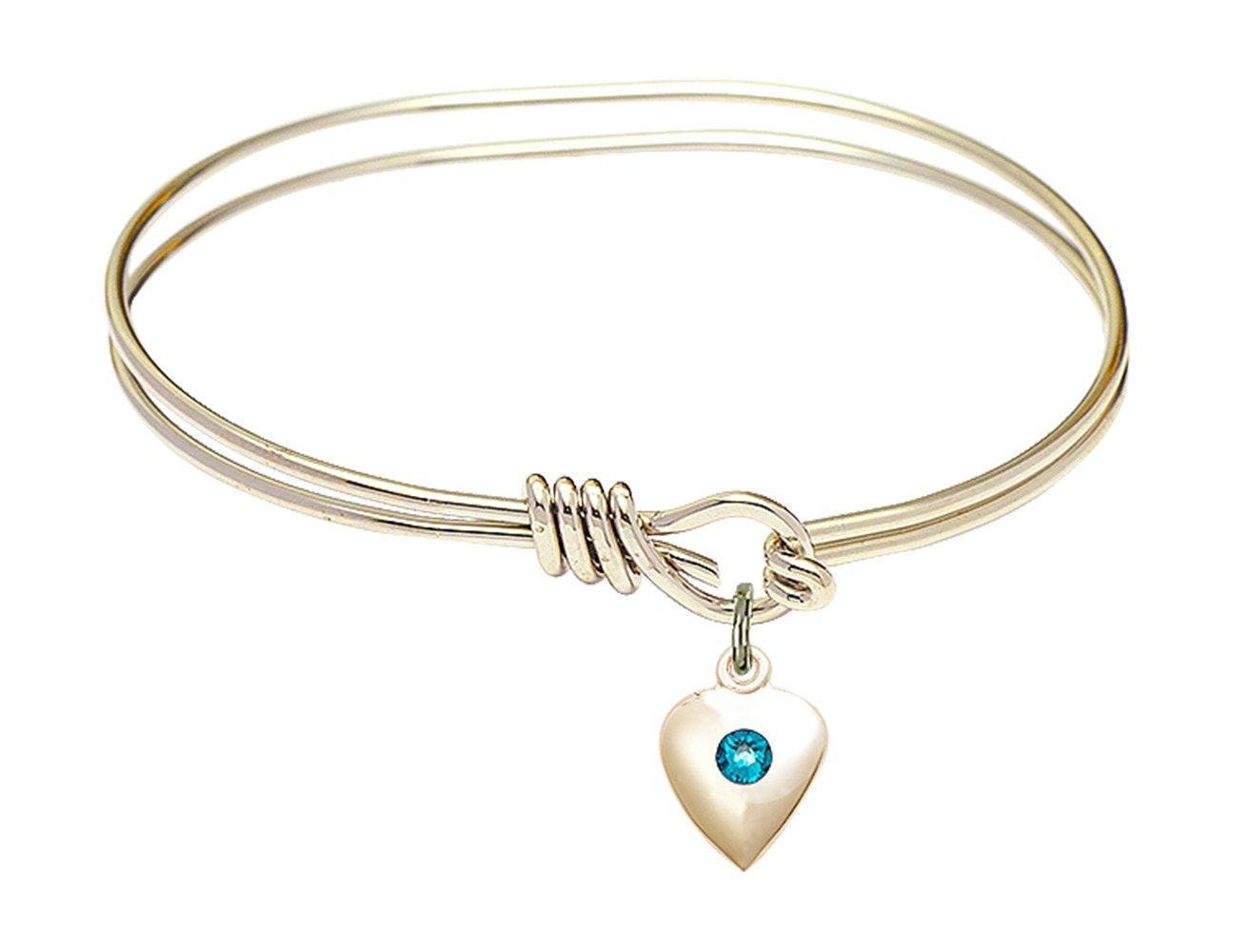 5 3/4 Inch Oval Eye Hook Bangle Bracelet with Heart Charm & December Blue Crystal - Elegant Jewelry for Women, Gift for Girlfriend, Birthday, Anniversary, Christmas (Party, Wedding, Date Night Accessory)