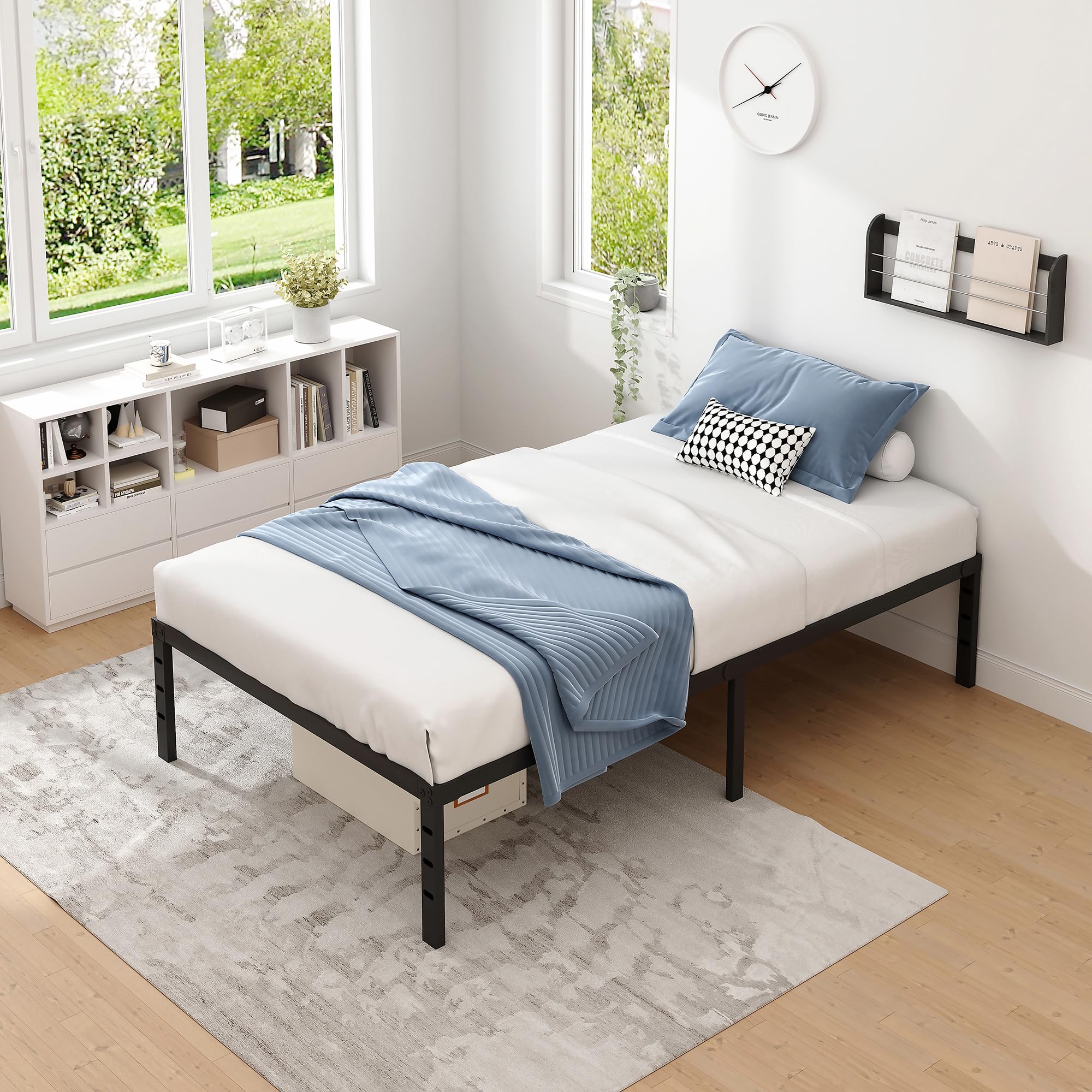 Metal Twin Size Bed Frame with Storage Space - Heavy Duty Sturdy Mattress Foundation, Easy Assembly No Box Spring Needed - 14 Inch Black Bed Frame for Small Spaces & Guest Rooms