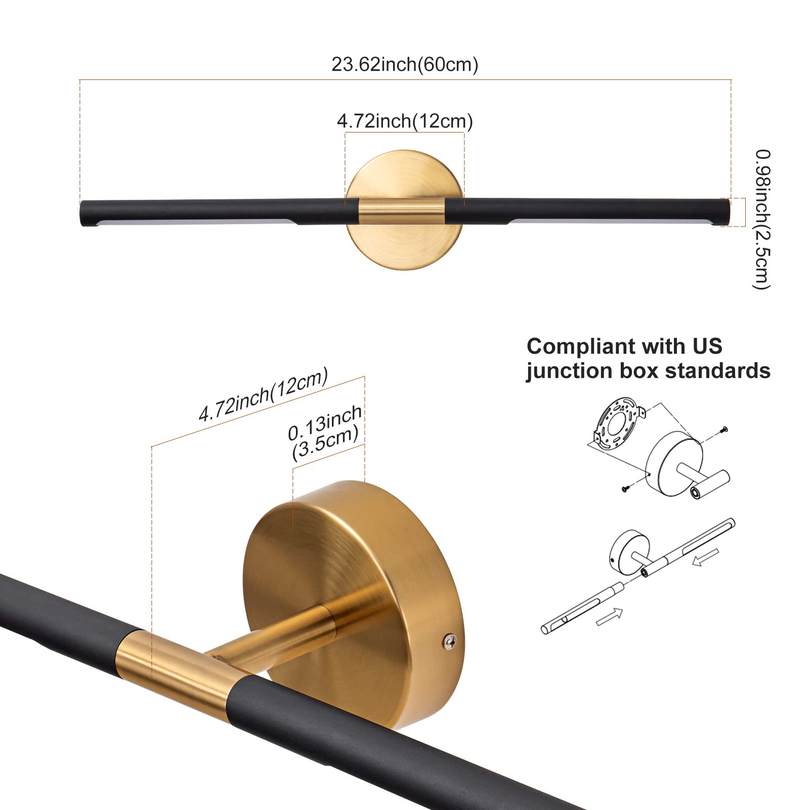 24 Inch Modern LED Vanity Light Bar - 18W 360° Rotatable Dimmable Bathroom Mirror Light Fixture (4000K, Black & Gold) - Perfect for Bathroom Makeovers, Vanity Lighting, and Modern Home Decor