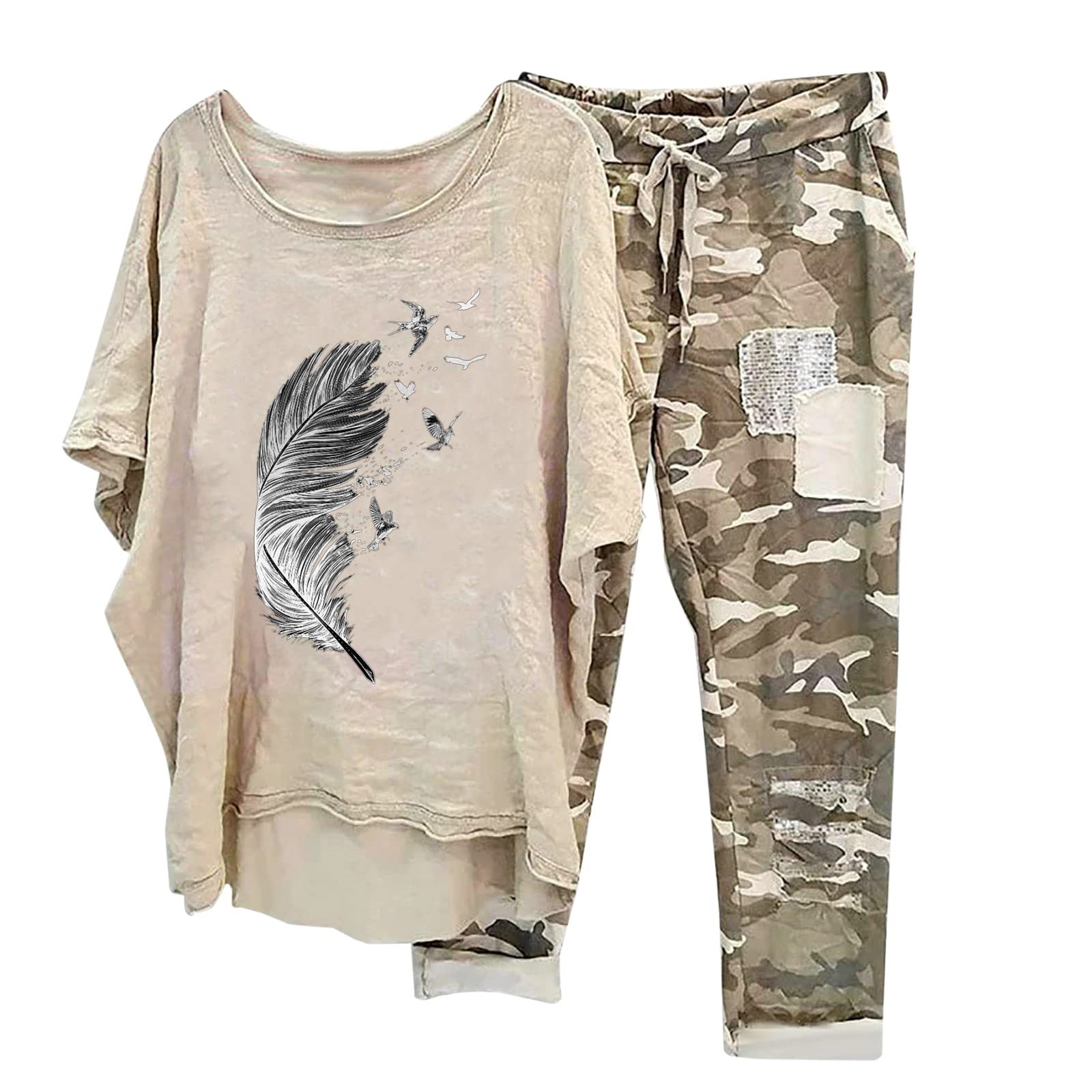 Women's 2-Piece Linen Lounge Set - Oversized Short Sleeve Shirt & Camo Capri Pants | Breathable Summer Outfit for Casual Wear, Beach Vacation & Home Relaxation