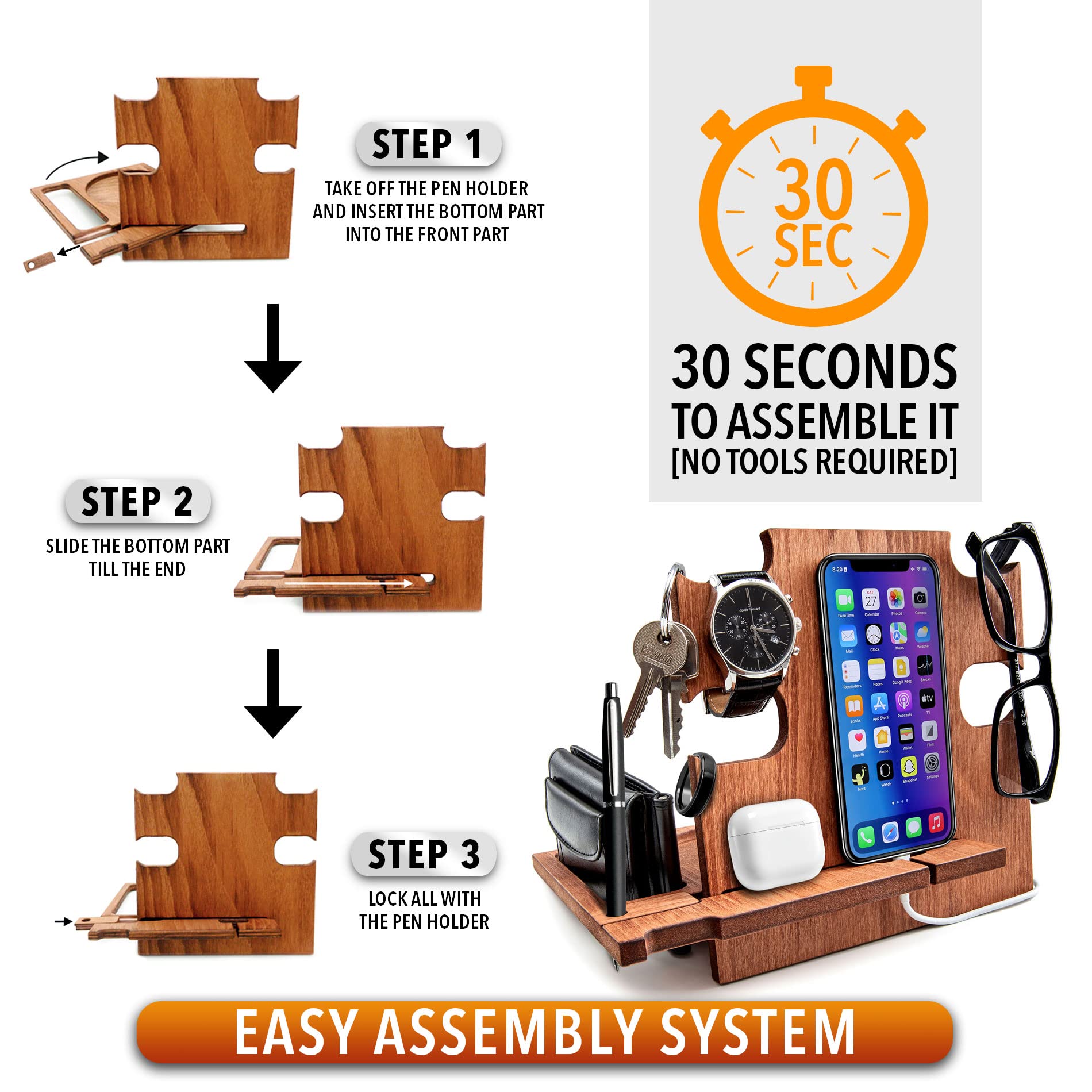 Premium Walnut Phone Docking Station & Night Stand - Wireless Charging Organizer for iPhone, Samsung, AirPods | Perfect for Bedside, Office & Home Decor