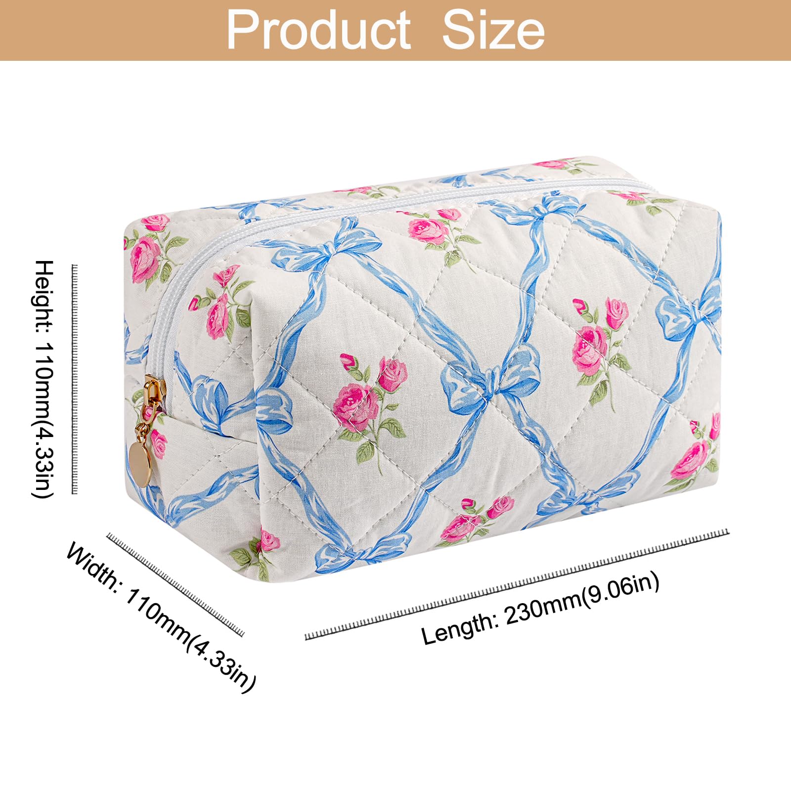 Quilted Cotton Makeup Bag with Bow - Travel Cosmetic Organizer for Women | Portable Toiletry Pouch for Girls (Blue)