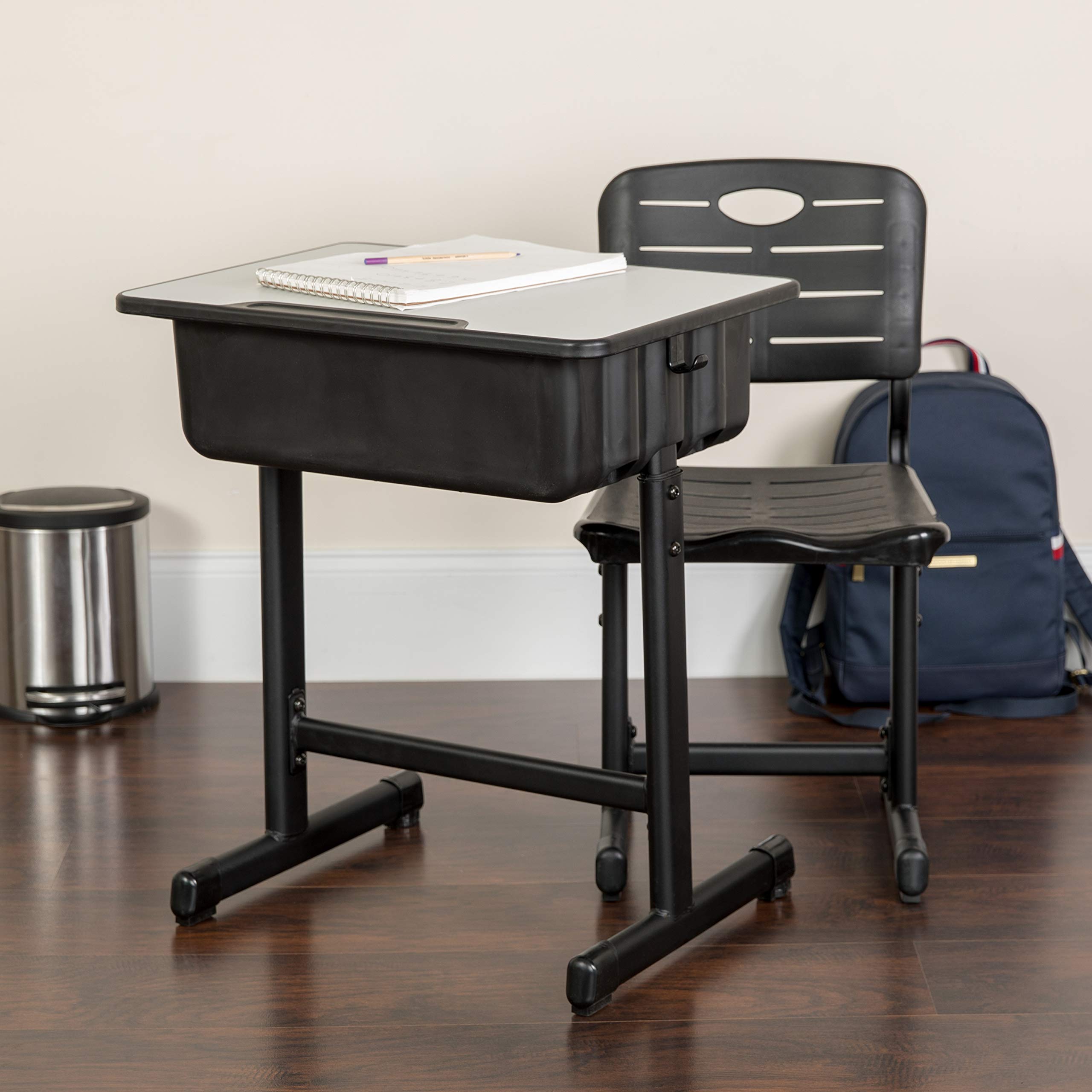 Adjustable Height Student Desk and Chair Set with Black Pedestal Frame - Ergonomic Study Table for Kids & Teens - Perfect for Home Schooling, Online Learning & Small Spaces