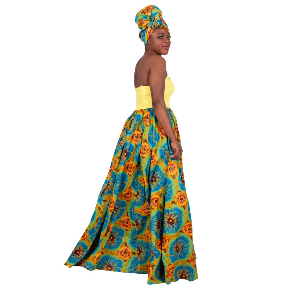 BAZINRICHE African Print Dashiki Ball Gown Dress for Women - Strapless Maxi Party Dress with Matching Headscarf (No Necklace Included) | Perfect for Weddings, Cultural Events & Special Occasions