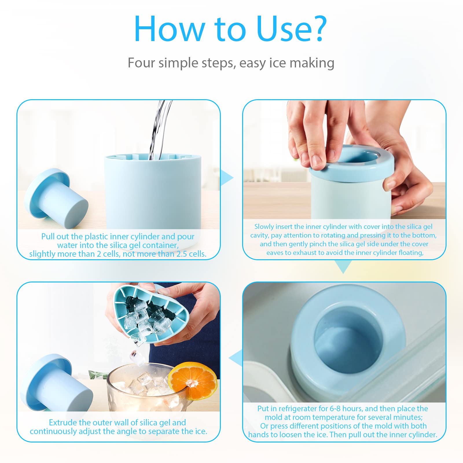Silicone Ice Cube Tray with Easy Release - Cylinder Ice Molds for Perfect Press-Type Ice Cubes - Blue Ice Maker for Cocktails, Cold Drinks & Home Bar Use