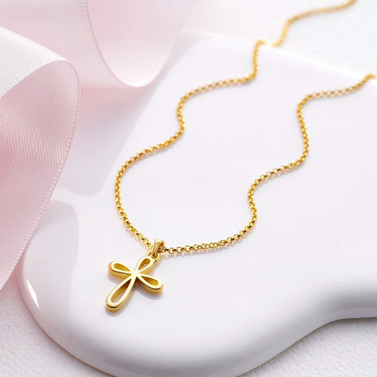 18K Gold Plated Sterling Silver Round Cherish Cross Necklace for Girls & Teens - Dainty Christian Jewelry Gift for Birthday, Baptism, Thanksgiving & Sweet 16 Celebrations | Perfect for Church, School & Special Occasions