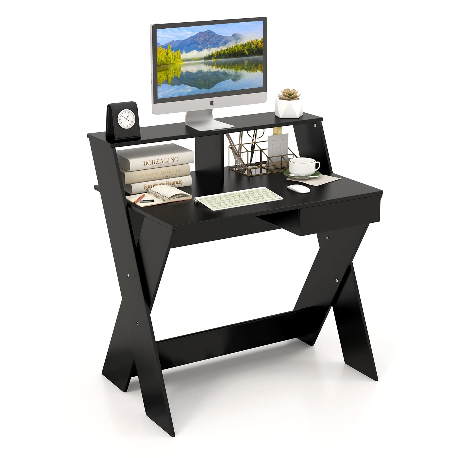 Tangkula 2-Tier Compact Computer Desk with Storage Drawer & Monitor Stand - Small Writing Desk with X-Shaped Legs & Footrest - Space Saving Study Table for Home Office, Dorm Room & Small Spaces (Black) - Perfect for Remote Work, Online Learning & Gaming Setup