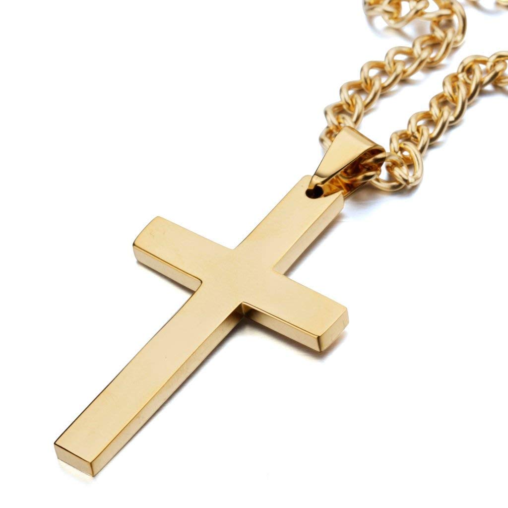 14K Gold Plated Cross Pendant Necklace for Men & Women - Thin Miami Cuban Link Chain with Diamond Cut (18.0