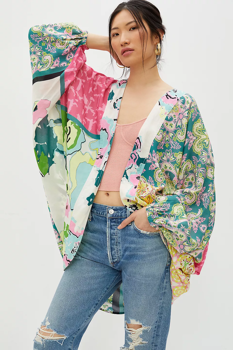 Stylish Multicolor Mixed Pattern Kimono Robe for Women - Perfect for Loungewear, Beach Cover-Up & Boho Fashion