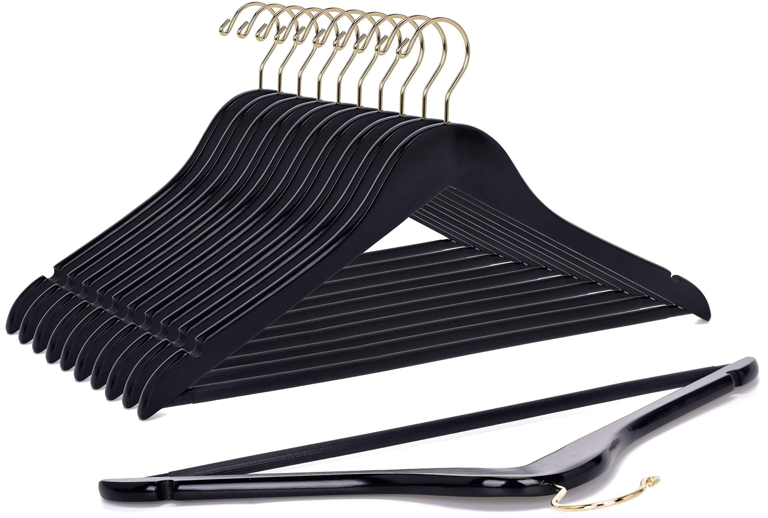 Premium Black Wooden Clothes Hangers Set - 10 Heavy Duty Curved Hangers with Chrome Hooks for Wardrobe Organization | Ideal for Closet, Laundry Room & Travel Packing
