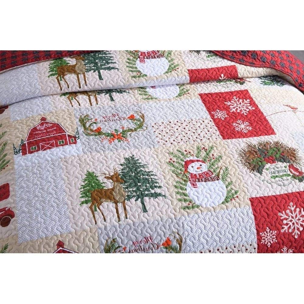 3 Piece Winter Christmas Quilt Set Queen Size - Snowman Snowflake Deer Tree Wreath Design Reversible Buffalo Plaid Checkered Patchwork Bedding (White/Red) - Cozy Holiday Home Decor for Bedroom & Living Room