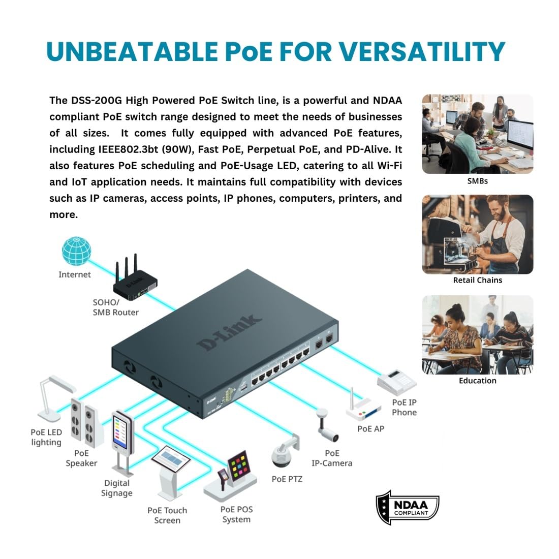 D-Link DSS-200G-10MP 10-Port Gigabit PoE+ Switch - 8 PoE Ports (130W), 2 SFP Ports, Smart-Managed for Office Network & IP Camera Systems
