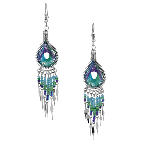 Handmade Stainless Steel Peruvian Turquoise Beaded Dangle Earrings with Green & Purple Silk Threads - Boho Chic Jewelry for Women, Perfect for Festivals & Special Occasions