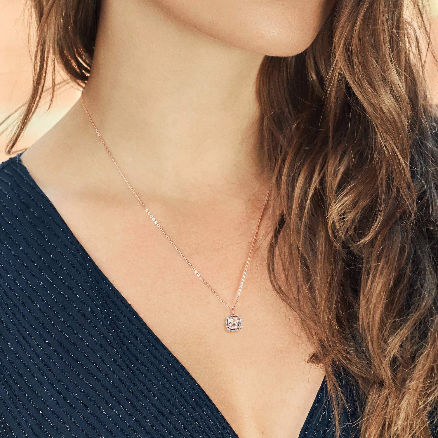 10K Rose Gold Gemstone Birthstone & White Diamond Halo Pendant Necklace for Women - Cushion Cut 7MM with 18 Inch Chain | Elegant Jewelry Gift for Birthday, Anniversary & Special Occasions