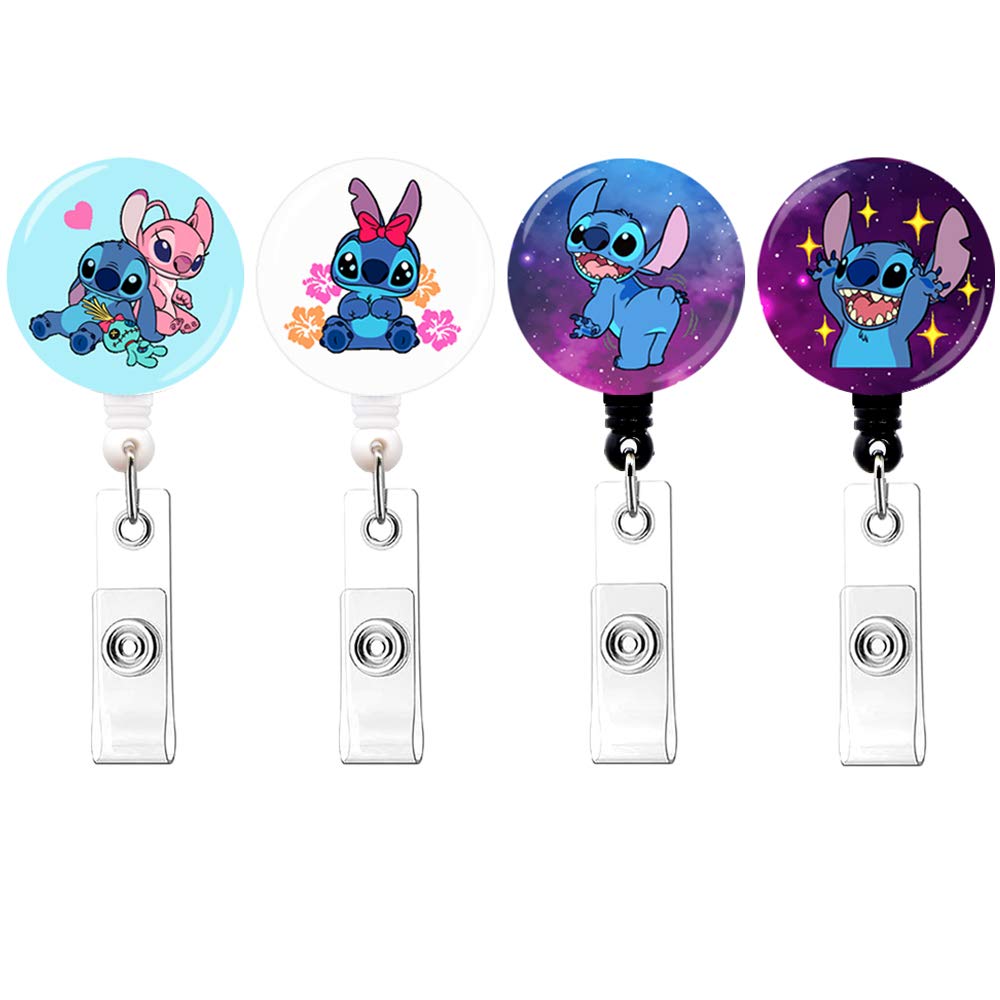 Qinsuee 4 Pack Cute Stitch Retractable Badge Reels - Cartoon ID Badge Holder with Belt Clip for Women, Teachers, Nurses & Office Workers - Perfect for Hospitals, Schools & Workplace Security
