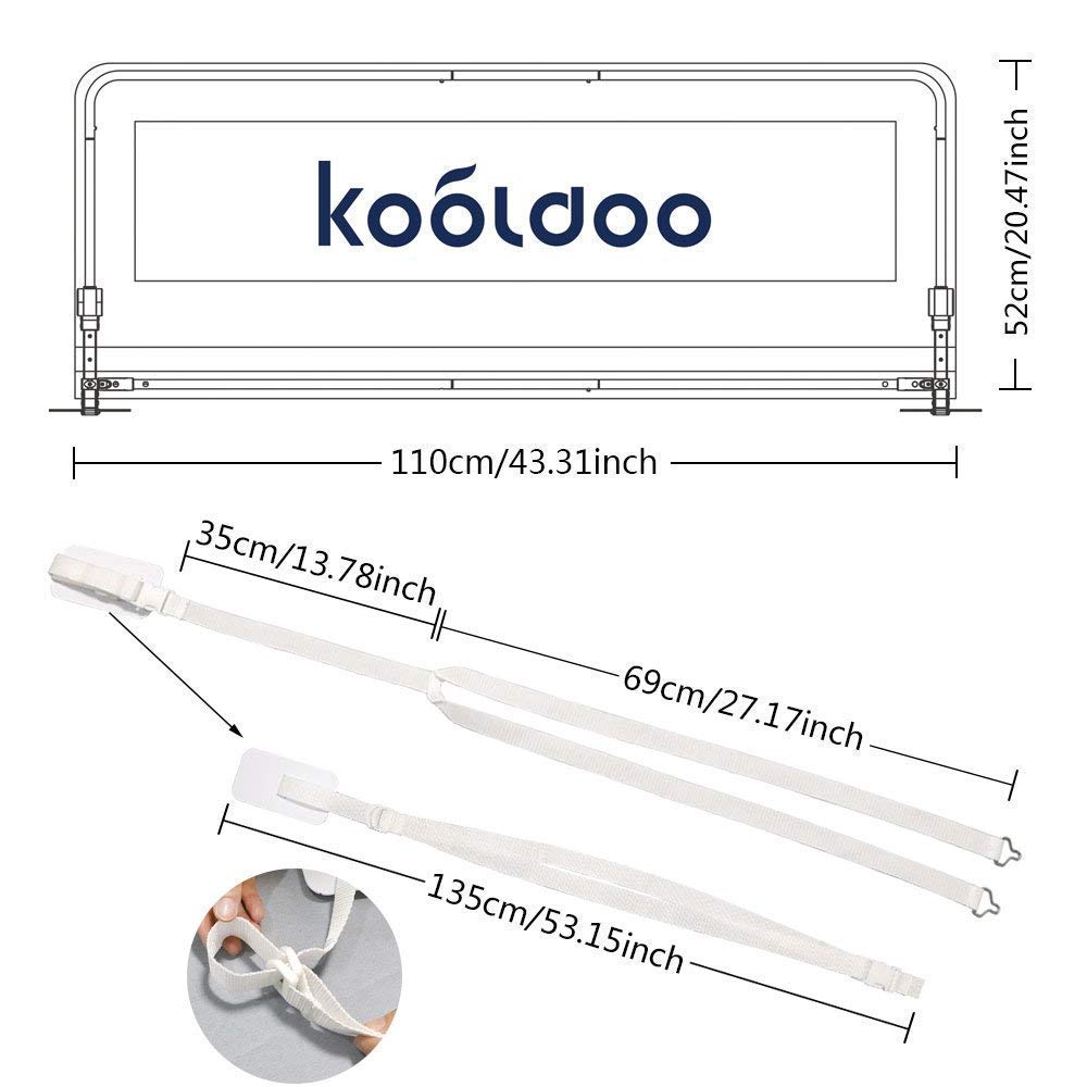 Foldable Toddler Bed Rail Guard - Safety Bed Rail for Kids with Secure Belt, Fits Twin/Double/Full/Queen Size Beds (43