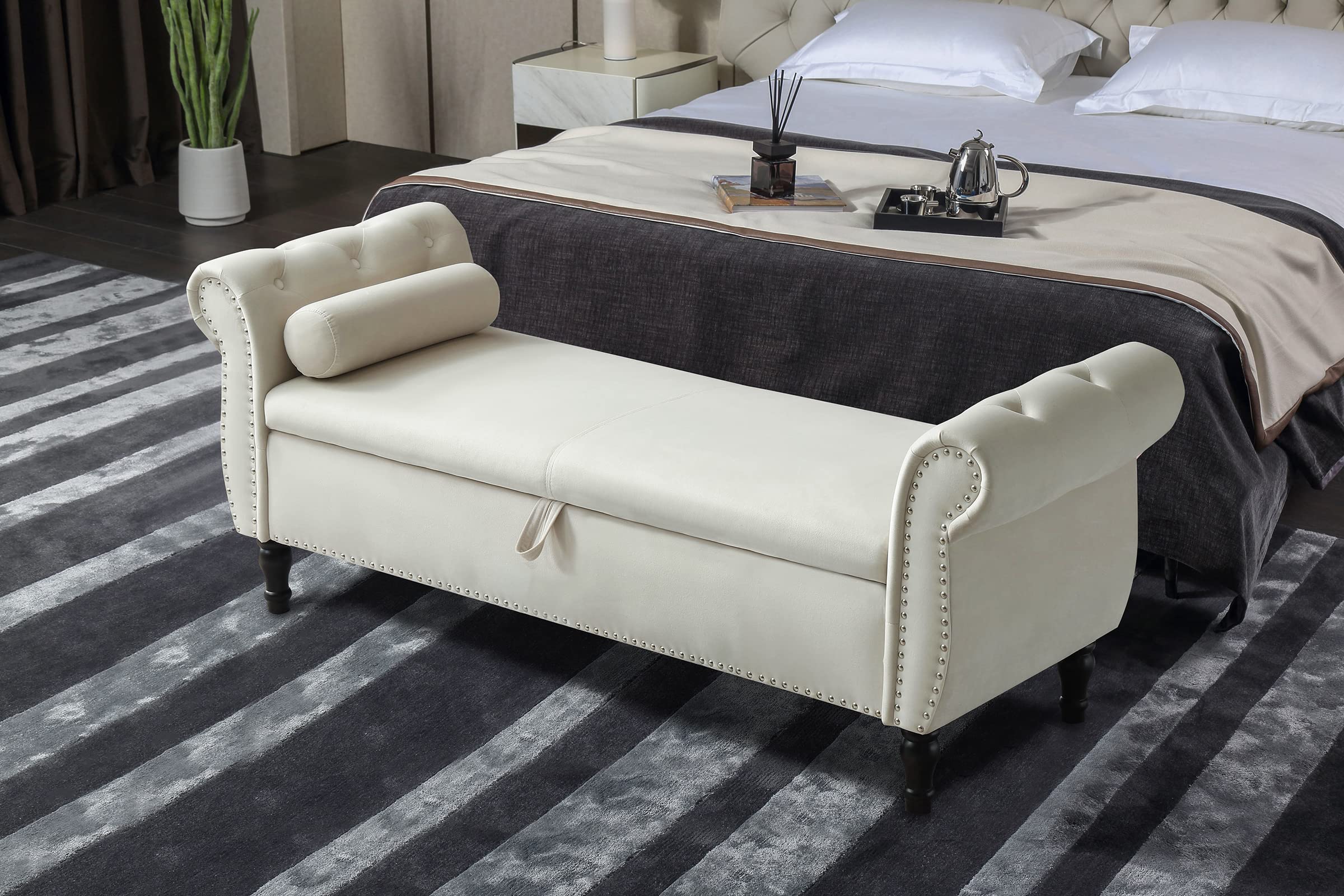 Velvet Upholstered Storage Bench with Roll Arm & Solid Wood Legs - Entryway Accent Bench, Bedroom Bench, Window Seat with Pillow - Perfect for Living Room, Hallway & Bed End (Beige)