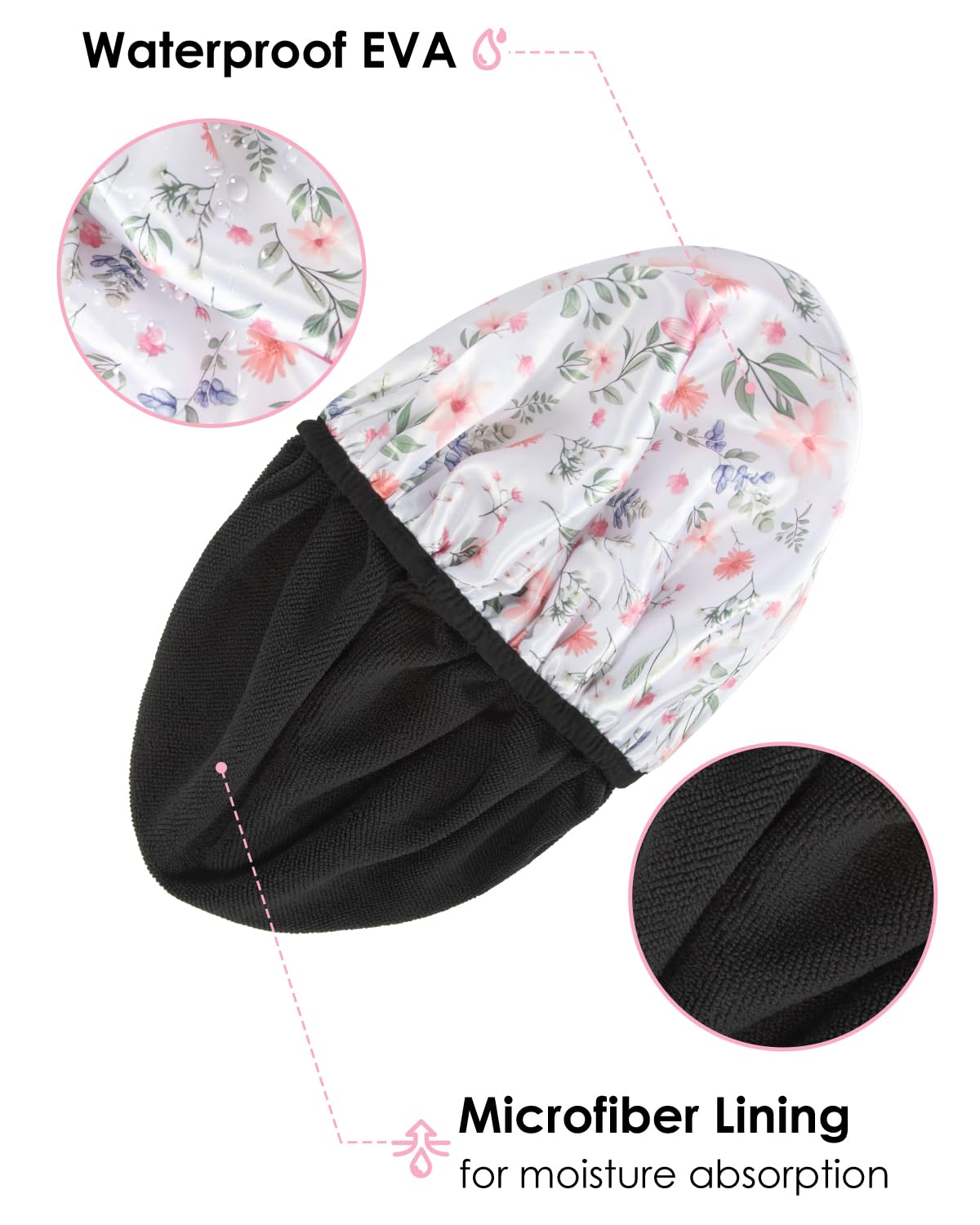 Auban Terry Lined Shower Cap for Women - Large Triple Layer Waterproof Shower Cap with Terry Cloth Lining for Long Thick Hair | Reusable Bath & Swim Hair Protection for Shower, Spa & Travel
