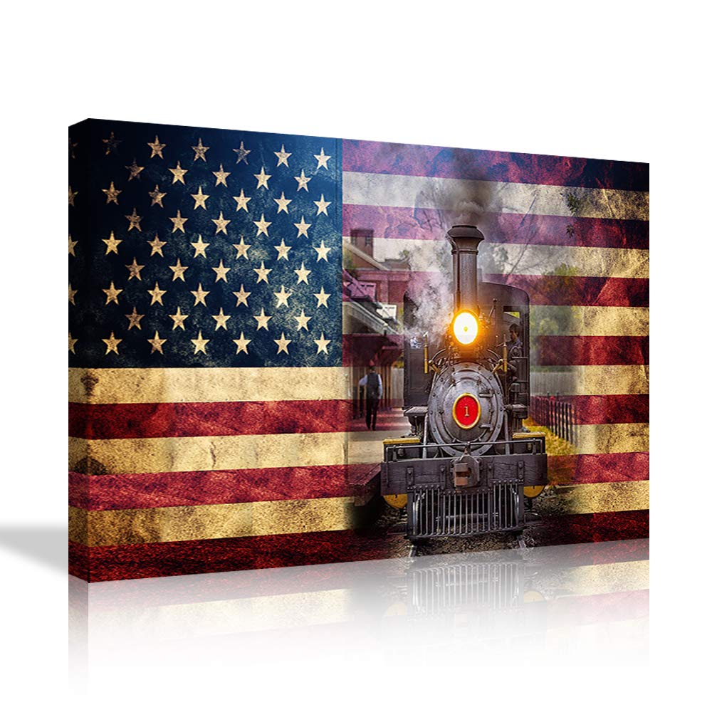 Vintage American Flag Wall Decor with Train Pictures - Rustic Framed Canvas Art Print for Living Room, Bedroom & Office - Retro Home Decor for Patriotic & Farmhouse Style