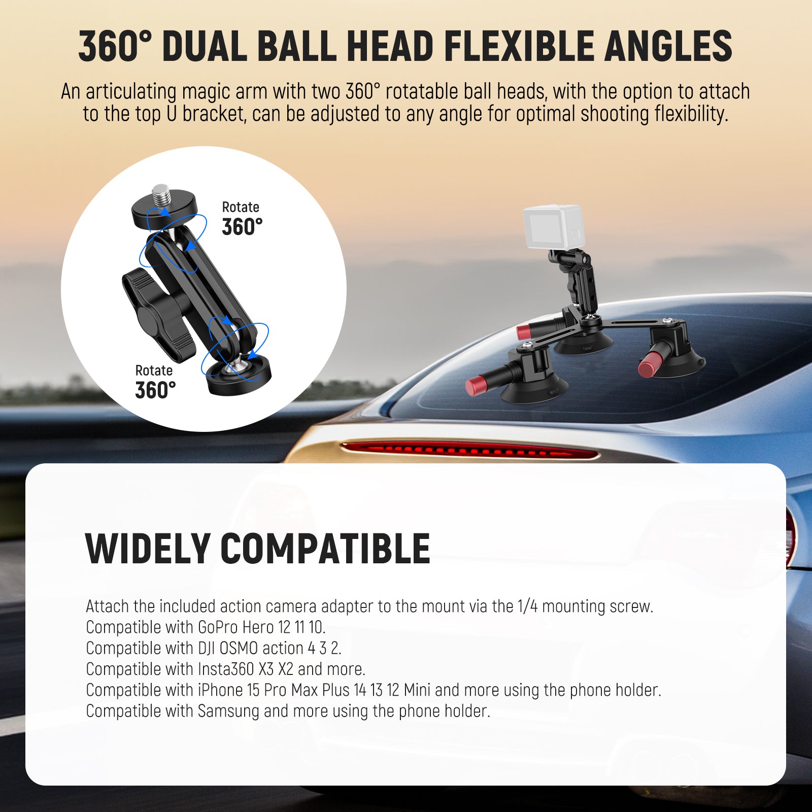 NEEWER CA067 Triple Suction Cup Car Mount for Camera - Secure Dashboard Windshield Mount for GoPro, Smartphone, Action Cam - Perfect for Road Trips, Vlogging & Dash Cam Recording