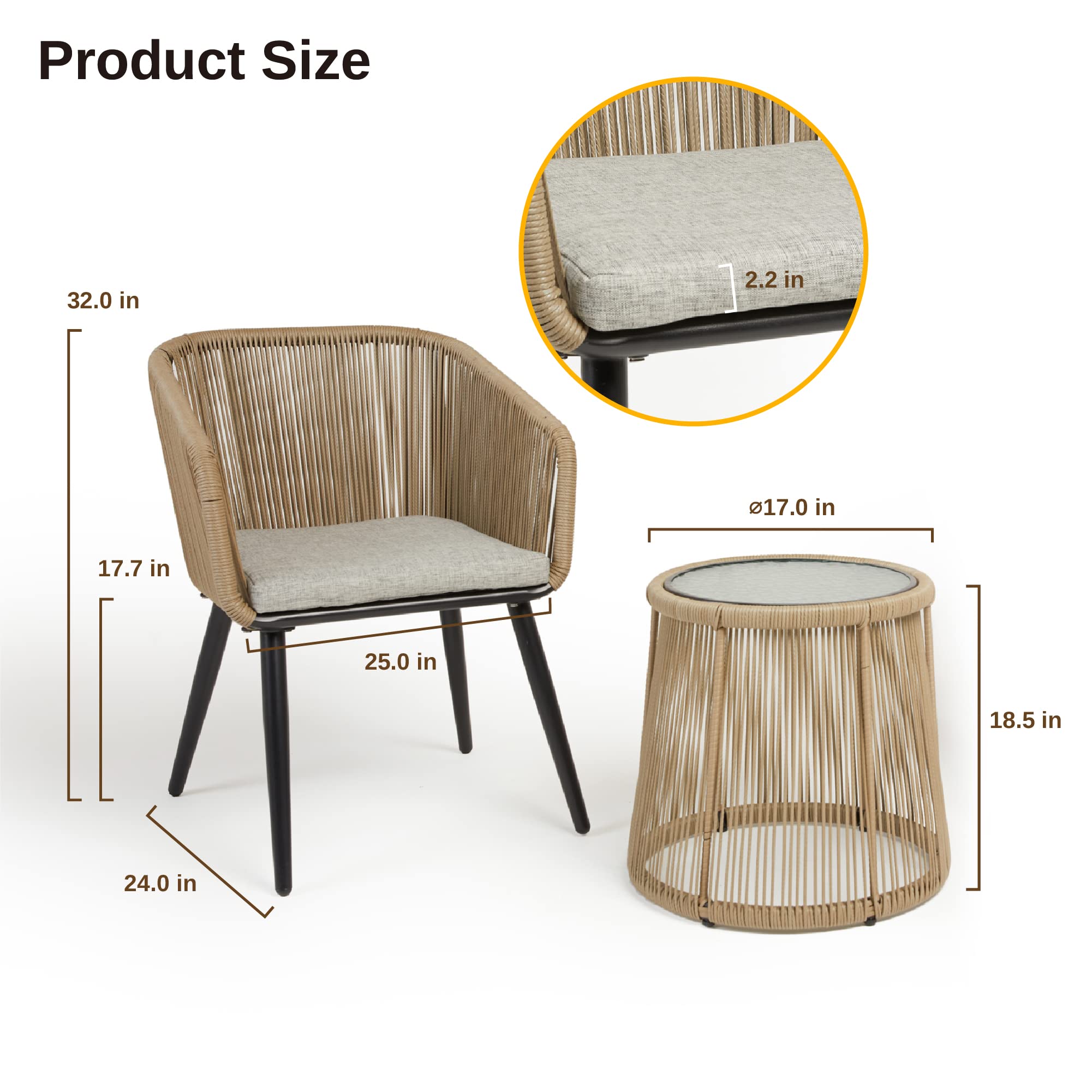 EAST OAK 3-Piece Outdoor Patio Furniture Set - Handwoven Rattan Wicker Chairs with Waterproof Cushions & Tempered Glass Table - Brown & Light Grey Bistro Set for Porch, Garden, Poolside or Backyard Relaxation