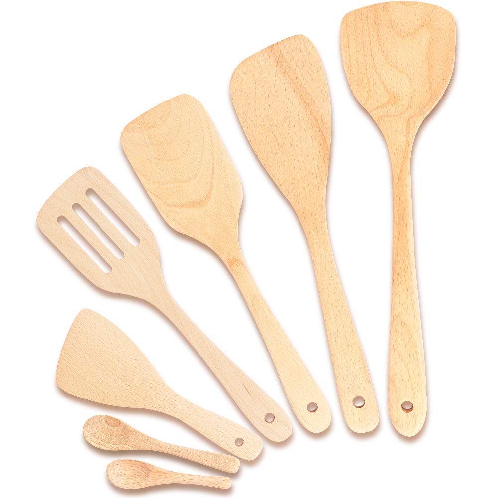 Premium 7-Piece Wooden Cookware Set - Non-Stick Heat-Resistant Spatula & Wooden Spoons for Cooking (7 Sizes) - Ideal for Pancakes, Fish, Eggs & Everyday Kitchen Use